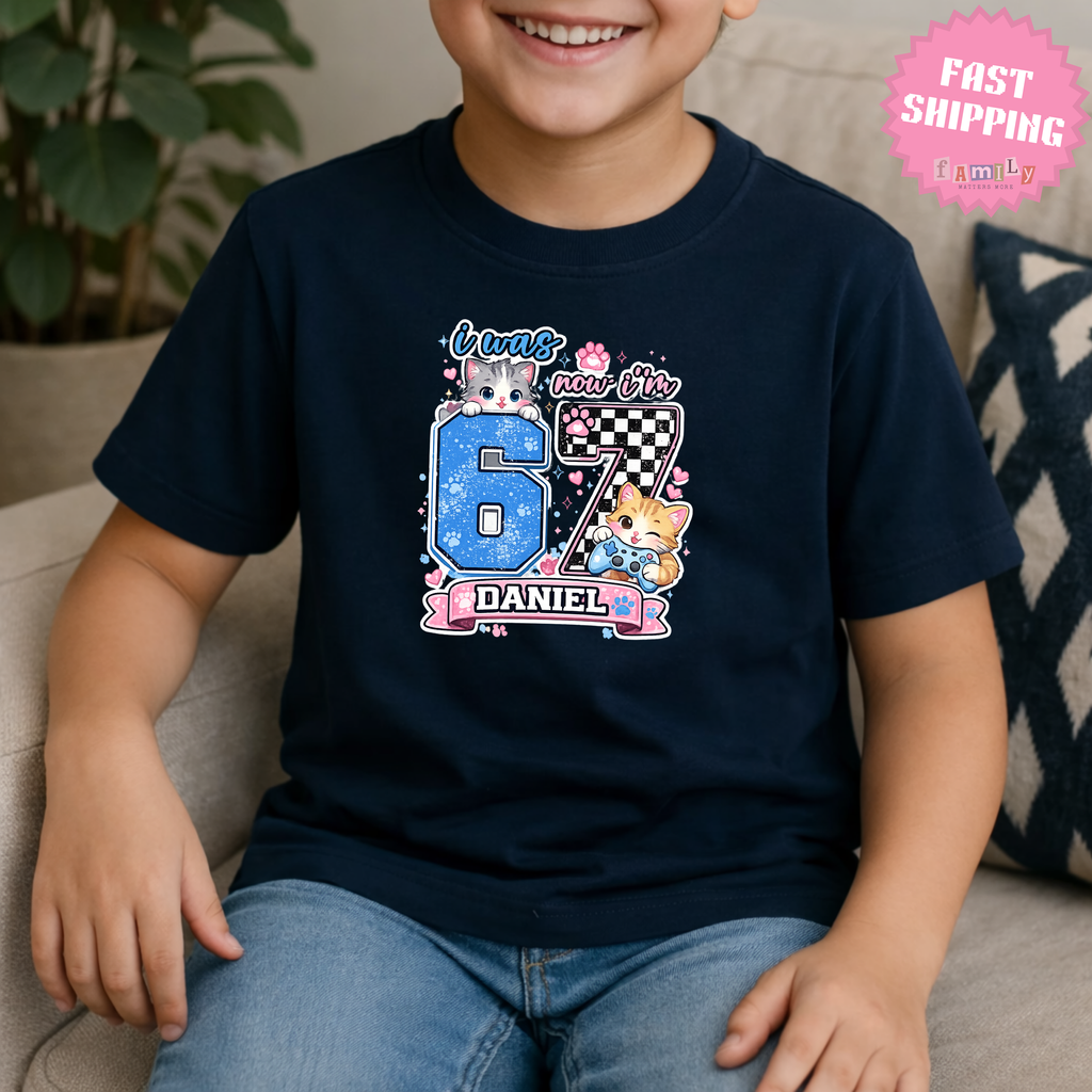 Personalized Funny 7th Birthday Kid Name Shirt, I Was 6 Now I’m 7 Kids Tee, 67 Shirt, 6 7 Birthday Boy, Gift For Cat Lovers, Six Seven Tee