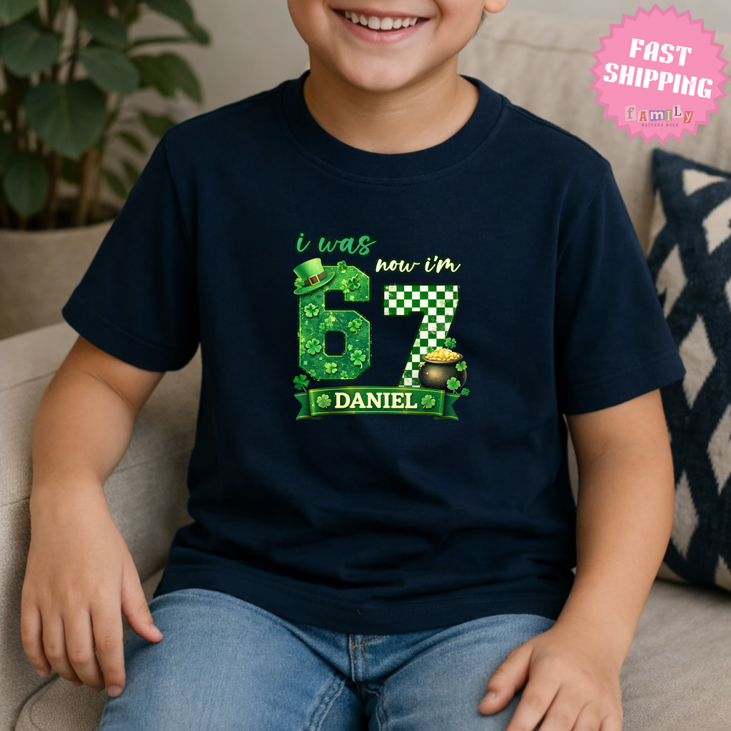 I Was 6 Now I’m 7 St. Patrick's Day Shirt, Personalized Name 7th Birthday Boy Tee, Youth Kids Sports Party Gift, Custom Age