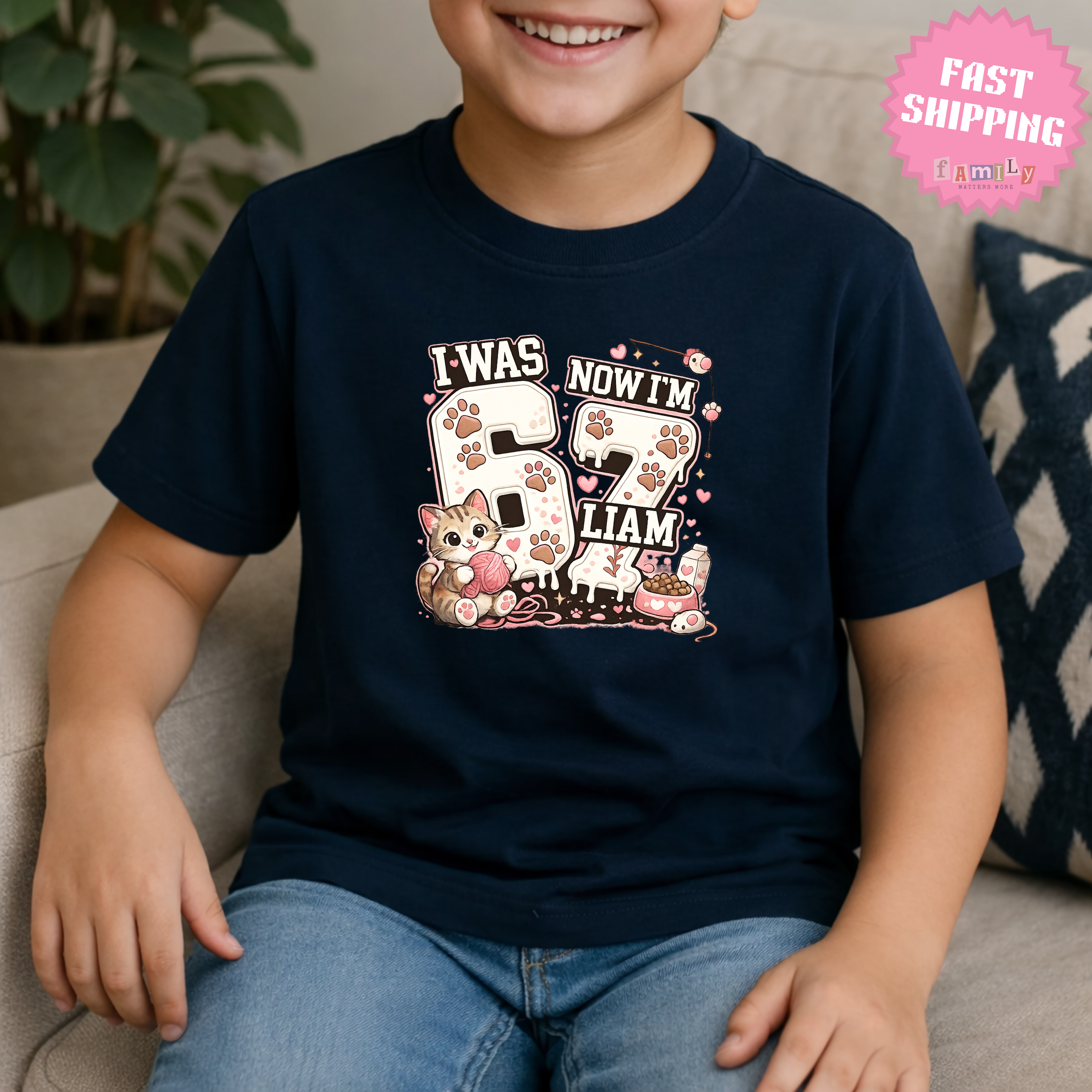 I Was 6 Now I’m 7 Cat lover Birthday Shirt, Personalized Name 7th Birthday Valentines Day Tee, Youth Kids Pet Party Gift, Custom Age