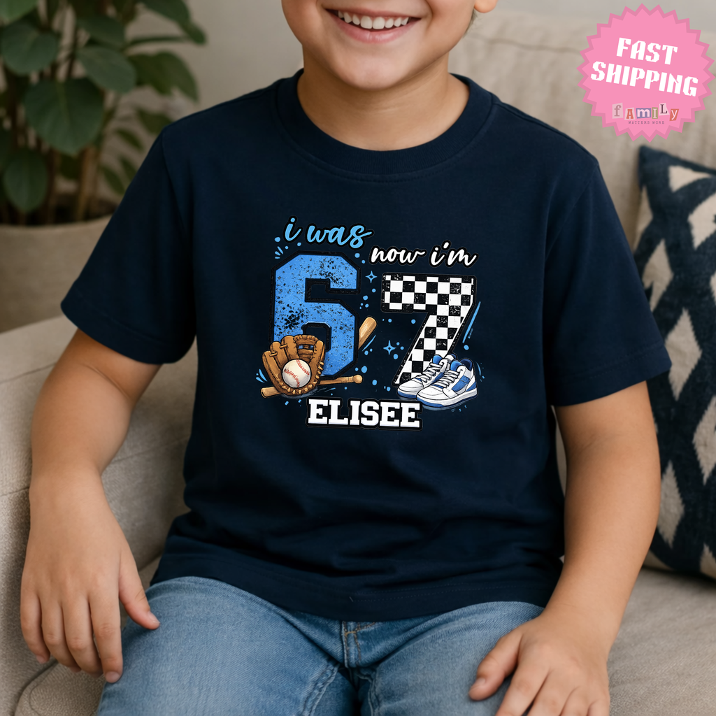 I Was 6 Now I’m 7 Baseball Birthday Shirt, Personalized Name 7th Birthday Boy Tee, Youth Sports custom name shirt, Custom Age