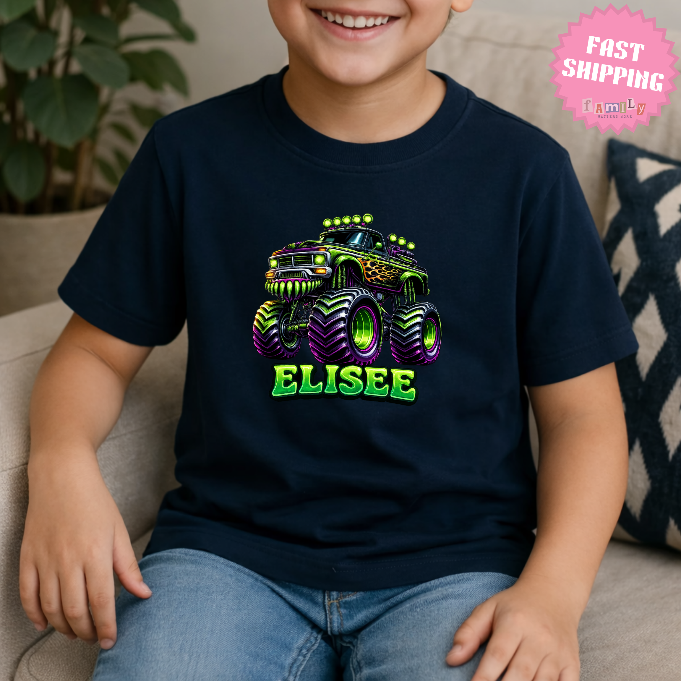 Custom Name Monster Truck Toddler T-Shirt, Personalized Boys Monster Truck Tee, Green and Purple Truck Kids Shirt, Custom Birthday Gift