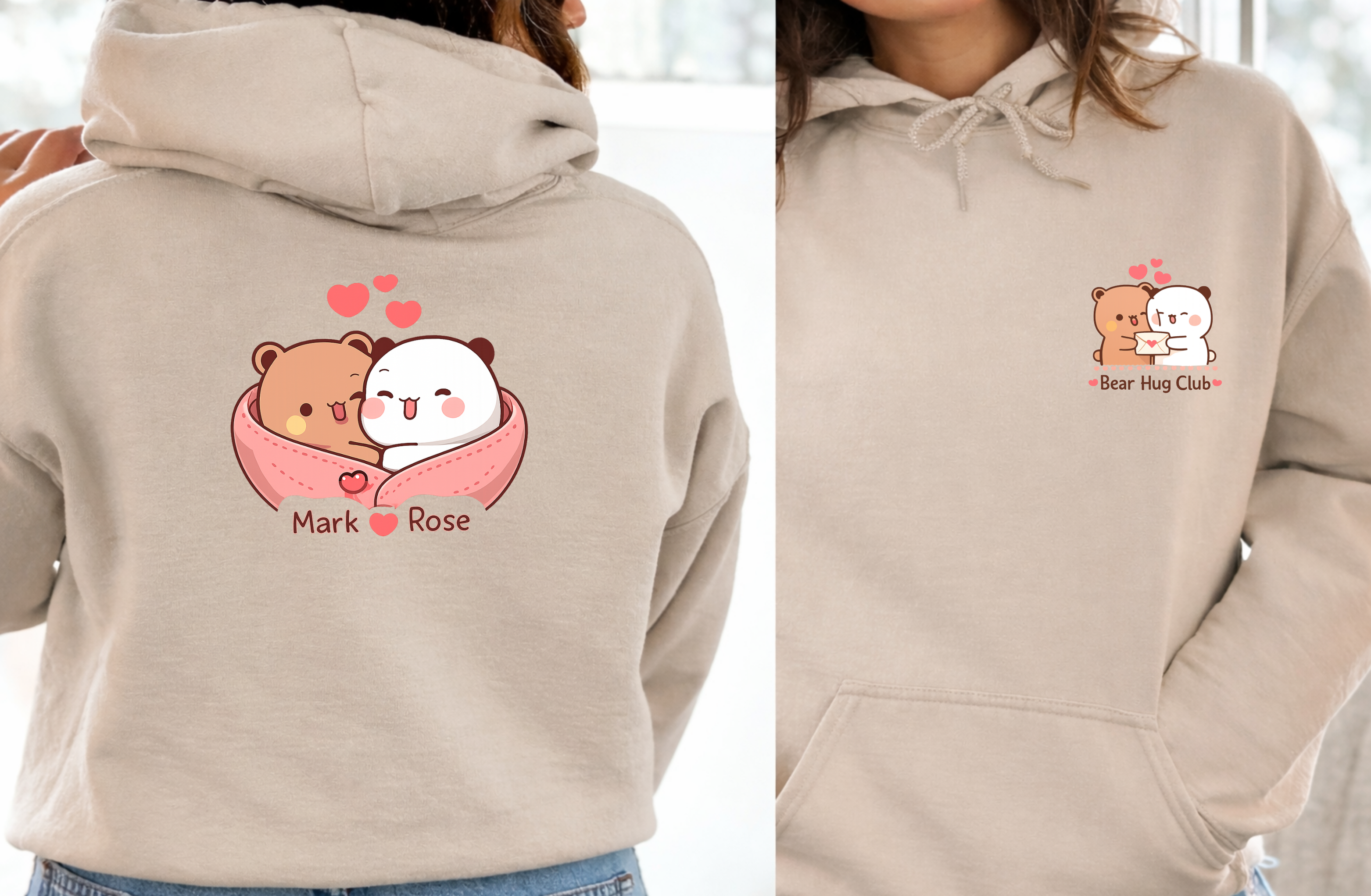 Personalized Couples Hoodie Sweatshirt, Custom Name Valentine Hoodie, Cute Bear Hug Club Pullover, Matching Couple Gift, Anniversary Gift for Him Her, Kawaii Love Hoodie, Unisex Cozy Sweatshirt