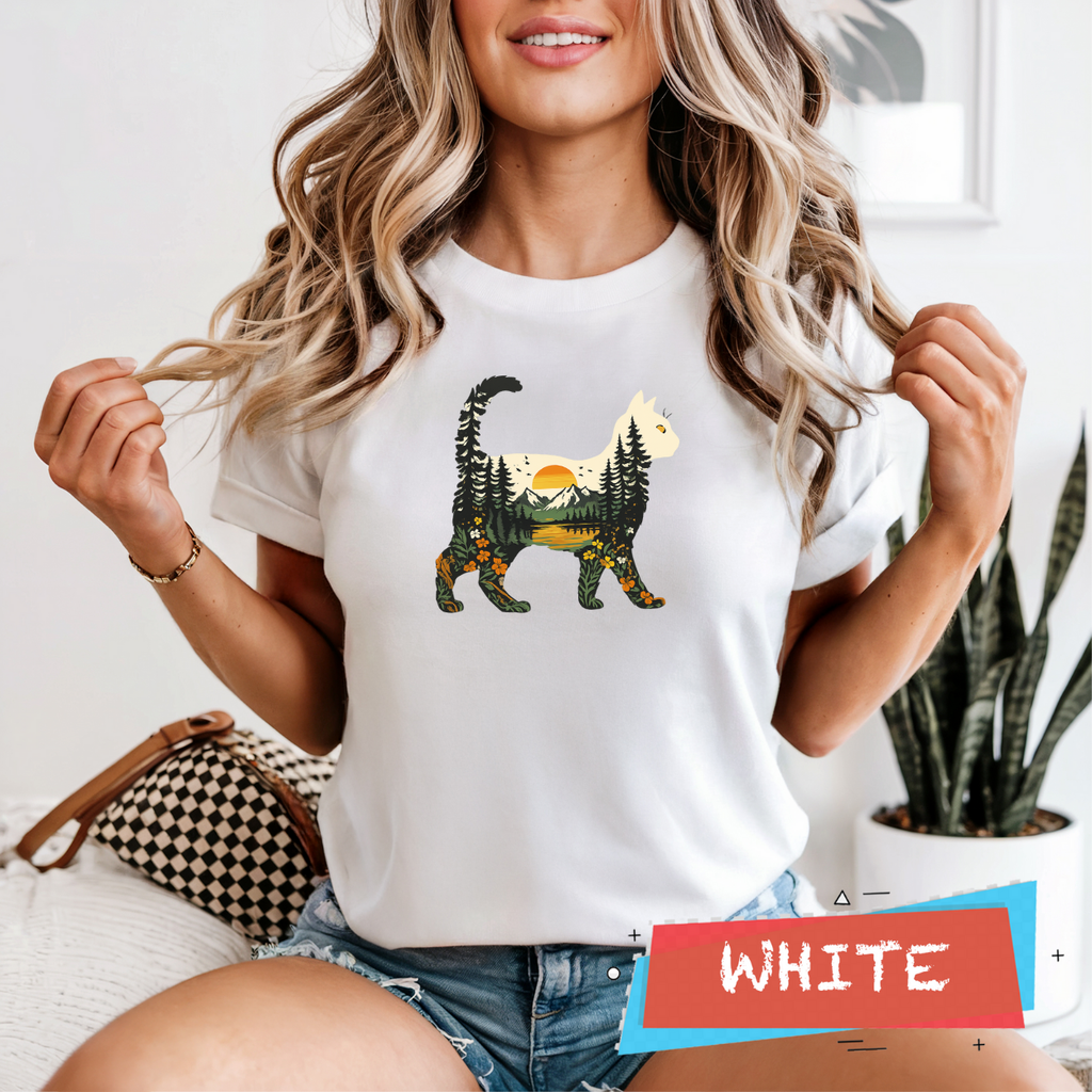 Boho Cat Nature Shirt, Forest Cat Landscape T-Shirt, Comfort Colors Unisex Tee, Vintage Sunset Mountain Cat Shirt, Cottagecore Cat Lover Gift, Botanical Outdoor Graphic Tee, Cute Minimal Cat Tee