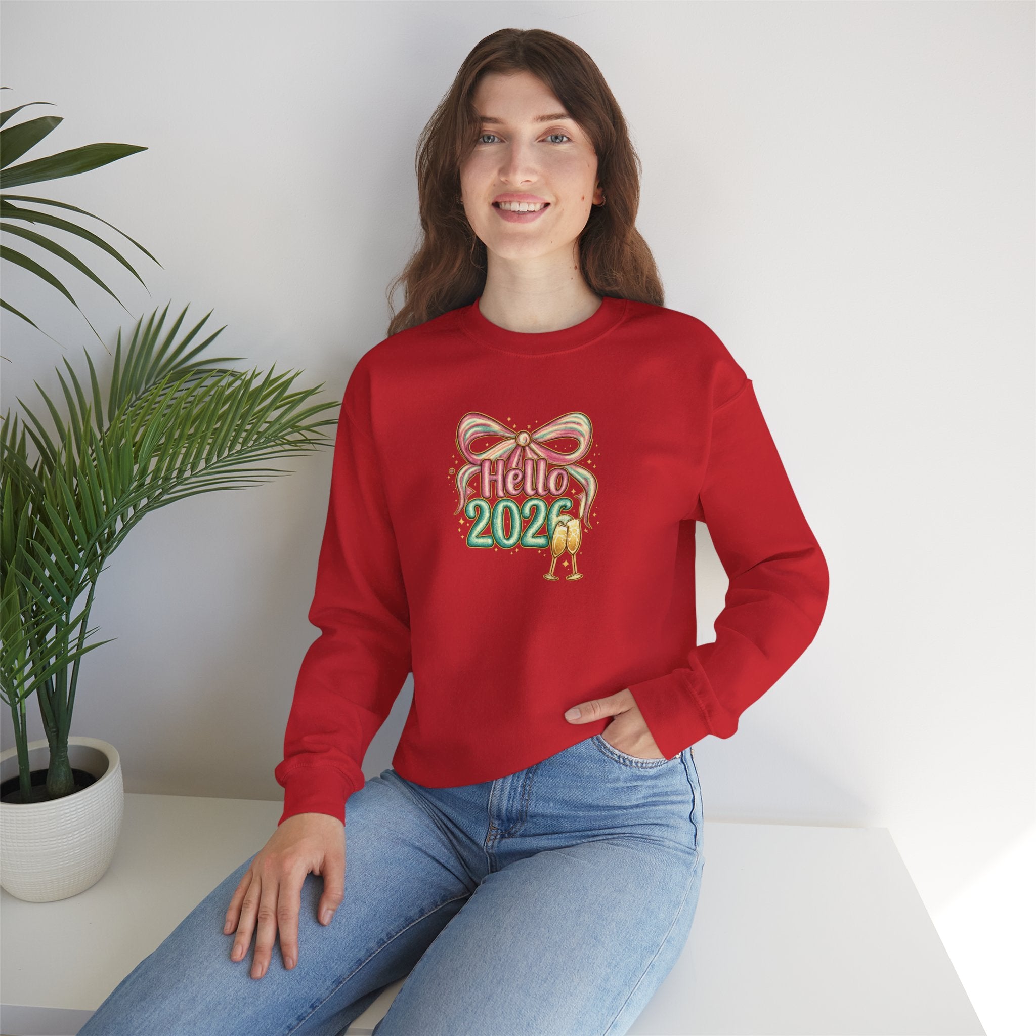 Hello 2026 Coquette Bow Sweatshirt Hoodie, Champagne Toast New Year Gift, Unisex Adult & Youth Crewneck, NYE Party Outfit