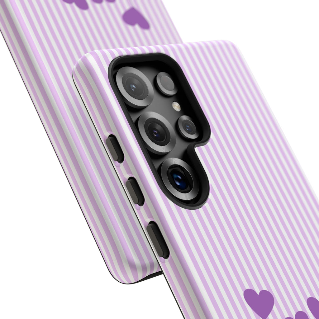 Galentines Day Striped hearts phone case, Purple Heart Floral Stripe Iphone case | Tough Cases - Iphone, Samsung and Pixel Mobile cases
