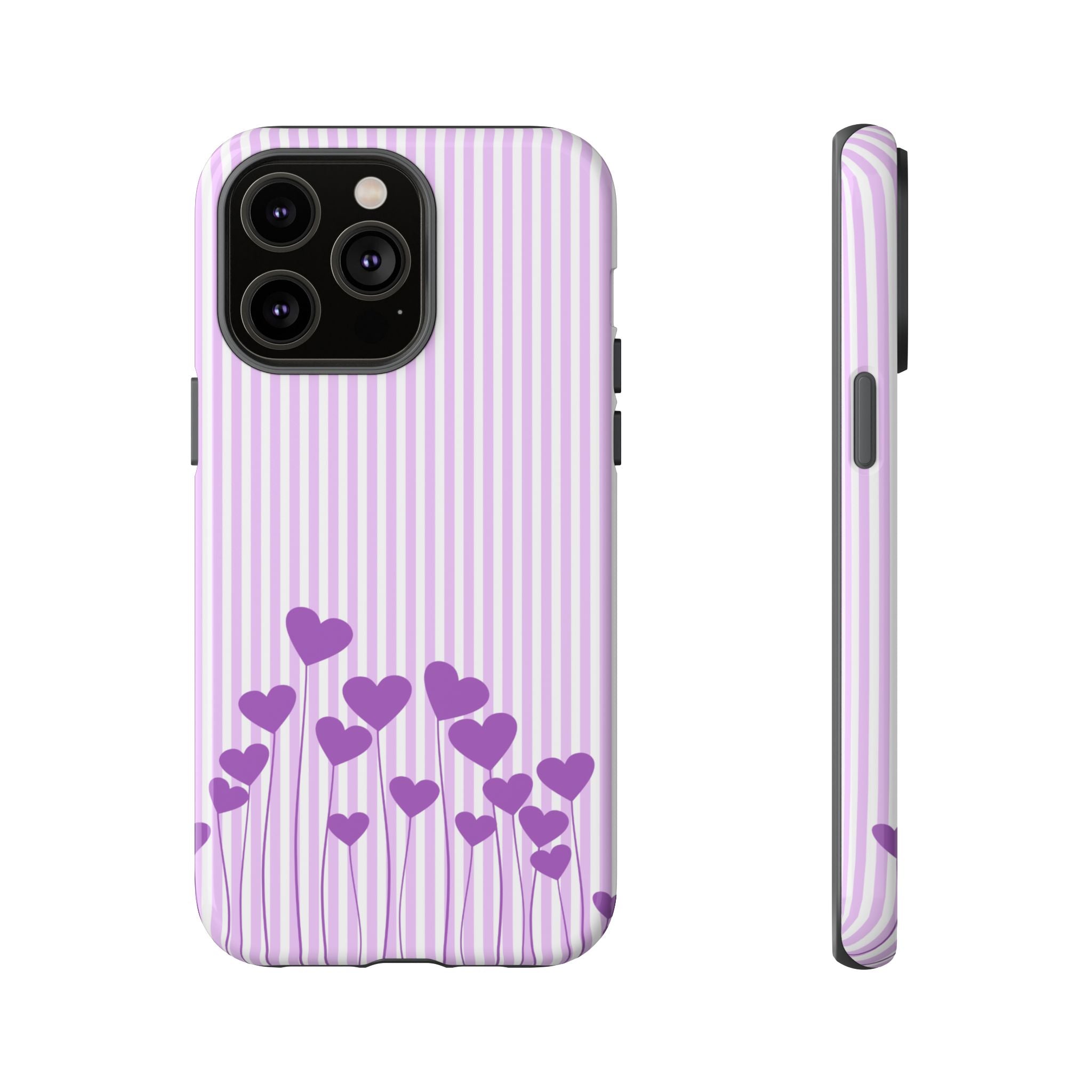 Galentines Day Striped hearts phone case, Purple Heart Floral Stripe Iphone case | Tough Cases - Iphone, Samsung and Pixel Mobile cases