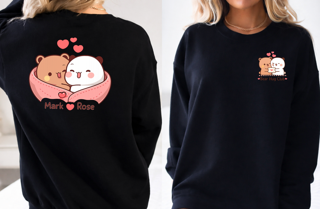 Personalized Couples Hoodie Sweatshirt, Custom Name Valentine Hoodie, Cute Bear Hug Club Pullover, Matching Couple Gift, Anniversary Gift for Him Her, Kawaii Love Hoodie, Unisex Cozy Sweatshirt