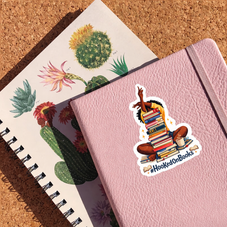 Hooked On Books Sticker | Black Girl Reading Vinyl Decal | Book Stack Reader Aesthetic | Booktok Bookworm Gift | Laptop Sticker
