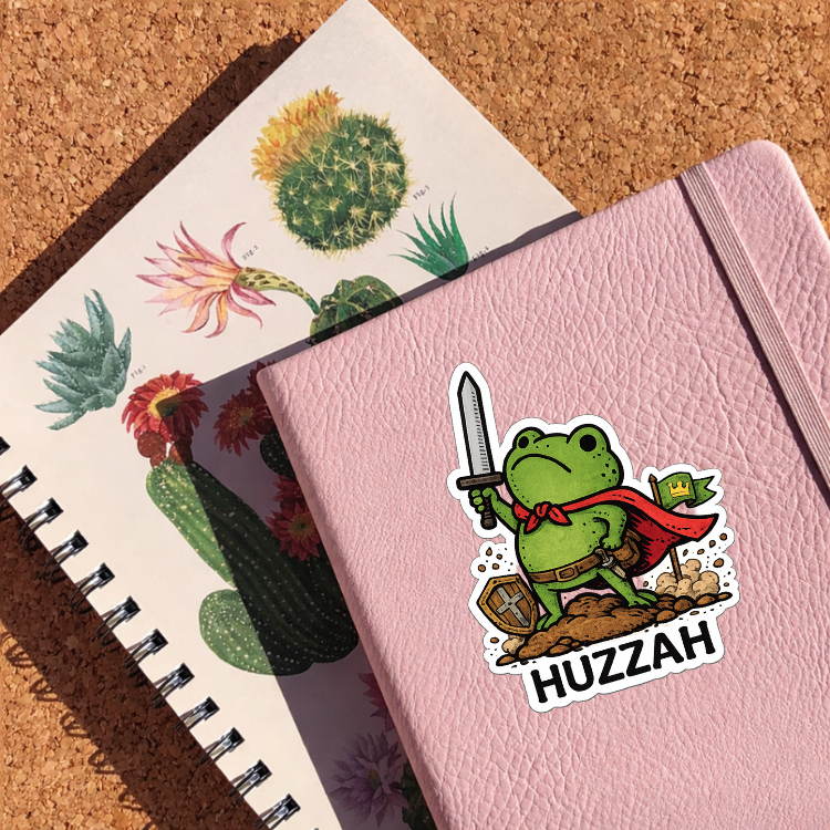 Huzzah Frog With Sword Sticker | Funny Medieval Frog Vinyl Decal | Fantasy Knight Humor | Cute Frog Sticker for Laptop Bottle