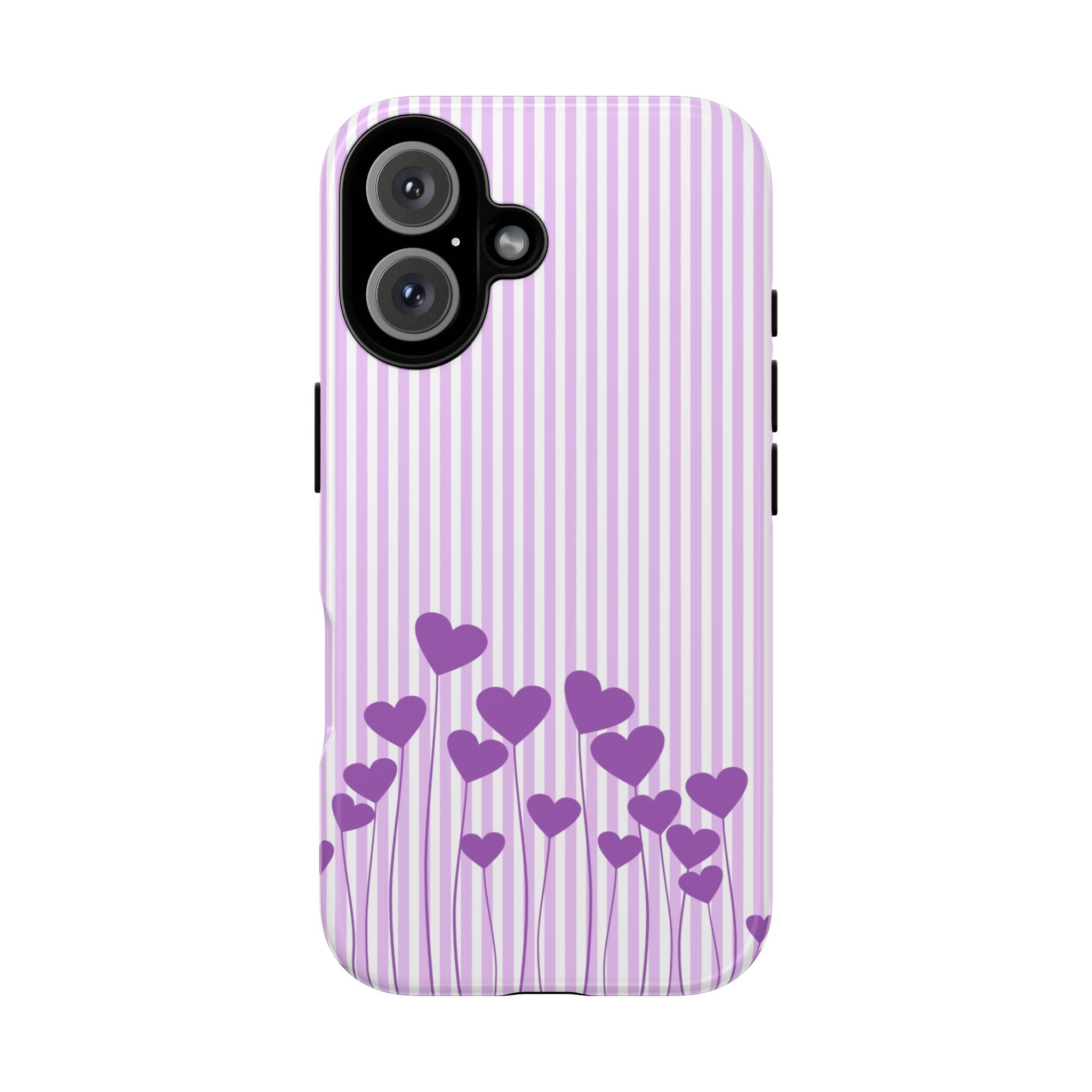 Galentines Day Striped hearts phone case, Purple Heart Floral Stripe Iphone case | Tough Cases - Iphone, Samsung and Pixel Mobile cases