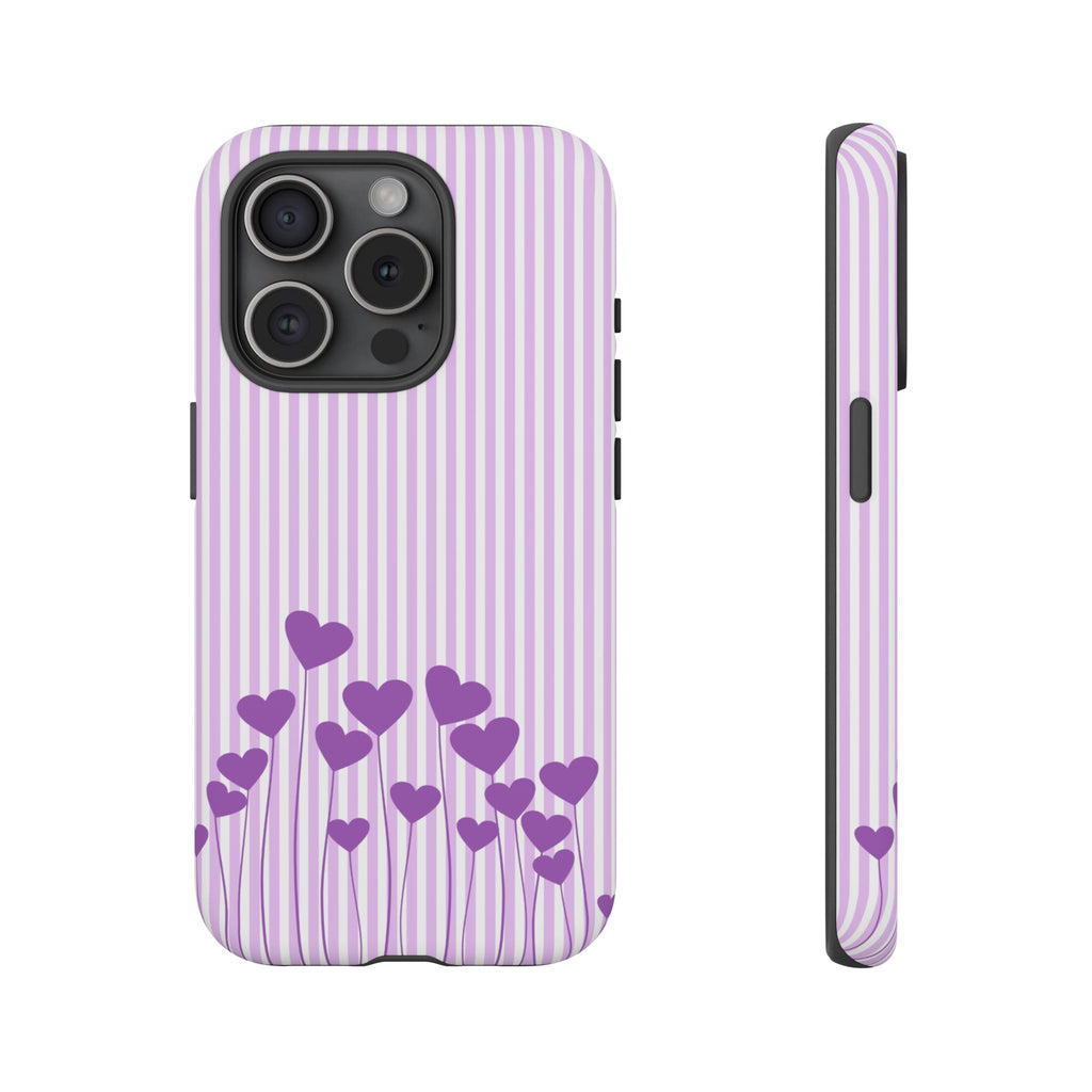 Galentines Day Striped hearts phone case, Purple Heart Floral Stripe Iphone case | Tough Cases - Iphone, Samsung and Pixel Mobile cases
