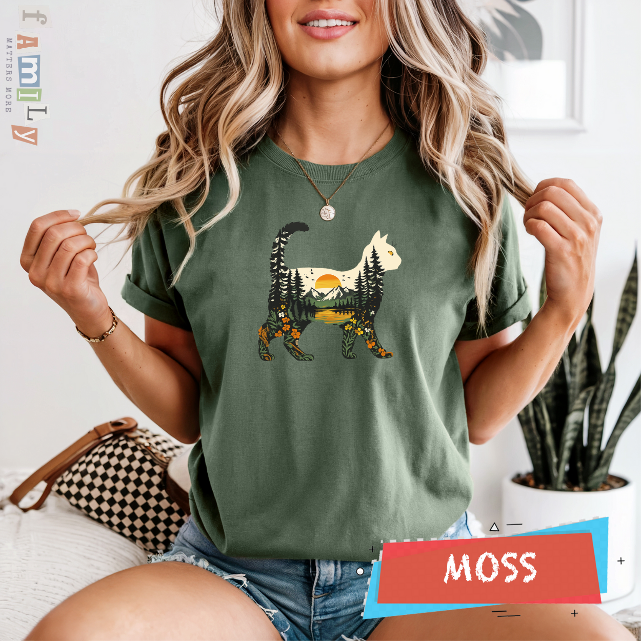 Boho Cat Nature Shirt, Forest Cat Landscape T-Shirt, Comfort Colors Unisex Tee, Vintage Sunset Mountain Cat Shirt, Cottagecore Cat Lover Gift, Botanical Outdoor Graphic Tee, Cute Minimal Cat Tee
