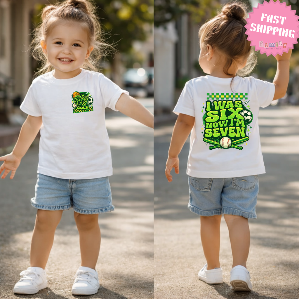 I Was 6 Now I’m 7 Basketball Birthday Shirt, Baseball 7th Birthday Tee, Youth Kids Sports Party Gift, Custom Age, Football kids shirt, 6 7