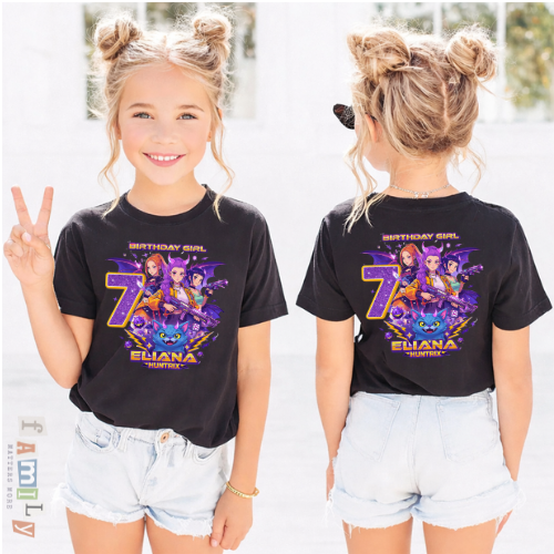 Custom Huntrix Birthday Girl Shirt, Personalized 7th Birthday Tee, Kpop Party T-Shirt for Girls, Custom Name Youth Shirt, Unisex Kids Graphic Tee, Birthday Outfit
