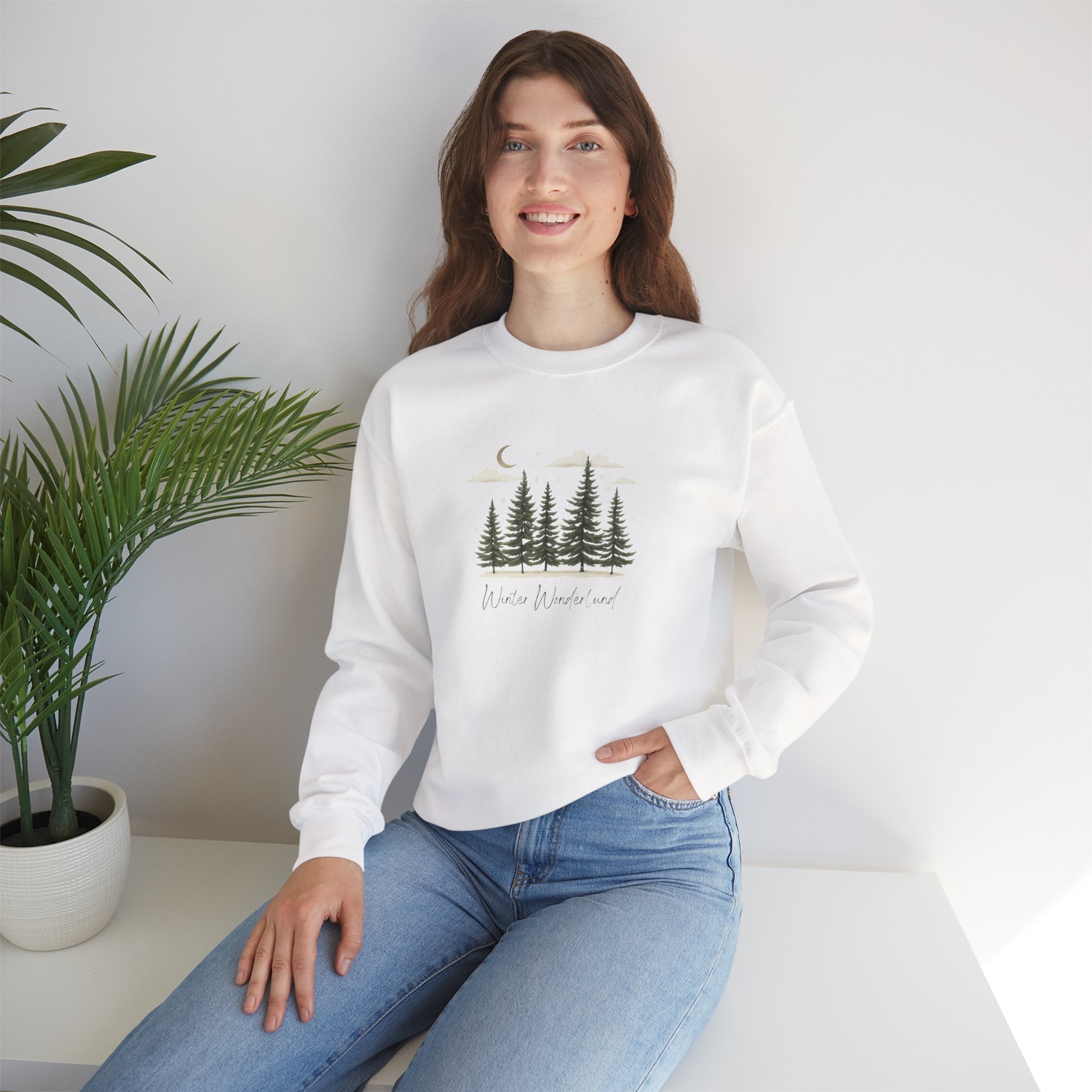 Winter Wonderland Sweatshirt Hoodie, Pine Tree Forest Winter Sweater, Snowy Evergreen Moon Graphic, Cozy Cabin Vibes Pullover, Unisex Adult Youth
