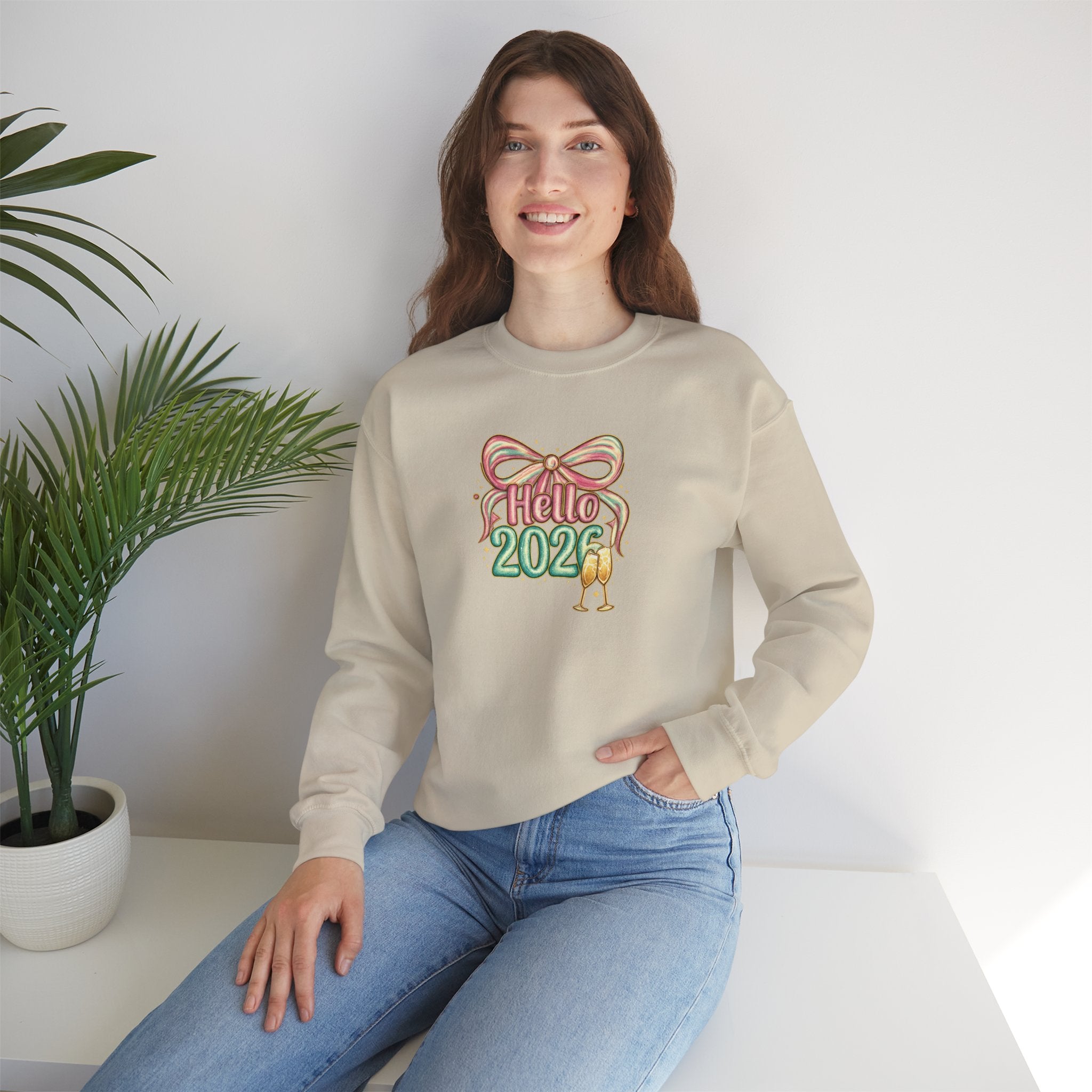 Hello 2026 Coquette Bow Sweatshirt Hoodie, Champagne Toast New Year Gift, Unisex Adult & Youth Crewneck, NYE Party Outfit