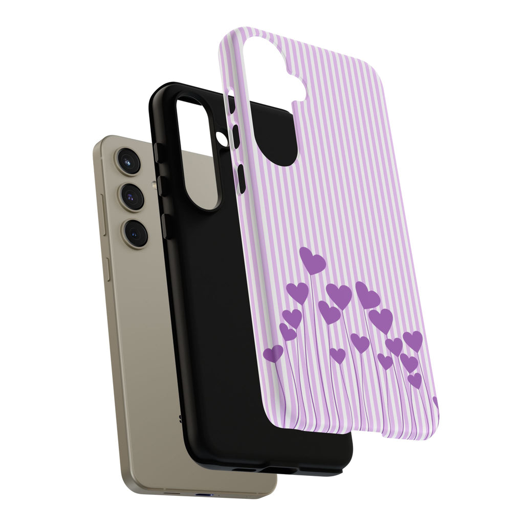 Galentines Day Striped hearts phone case, Purple Heart Floral Stripe Iphone case | Tough Cases - Iphone, Samsung and Pixel Mobile cases