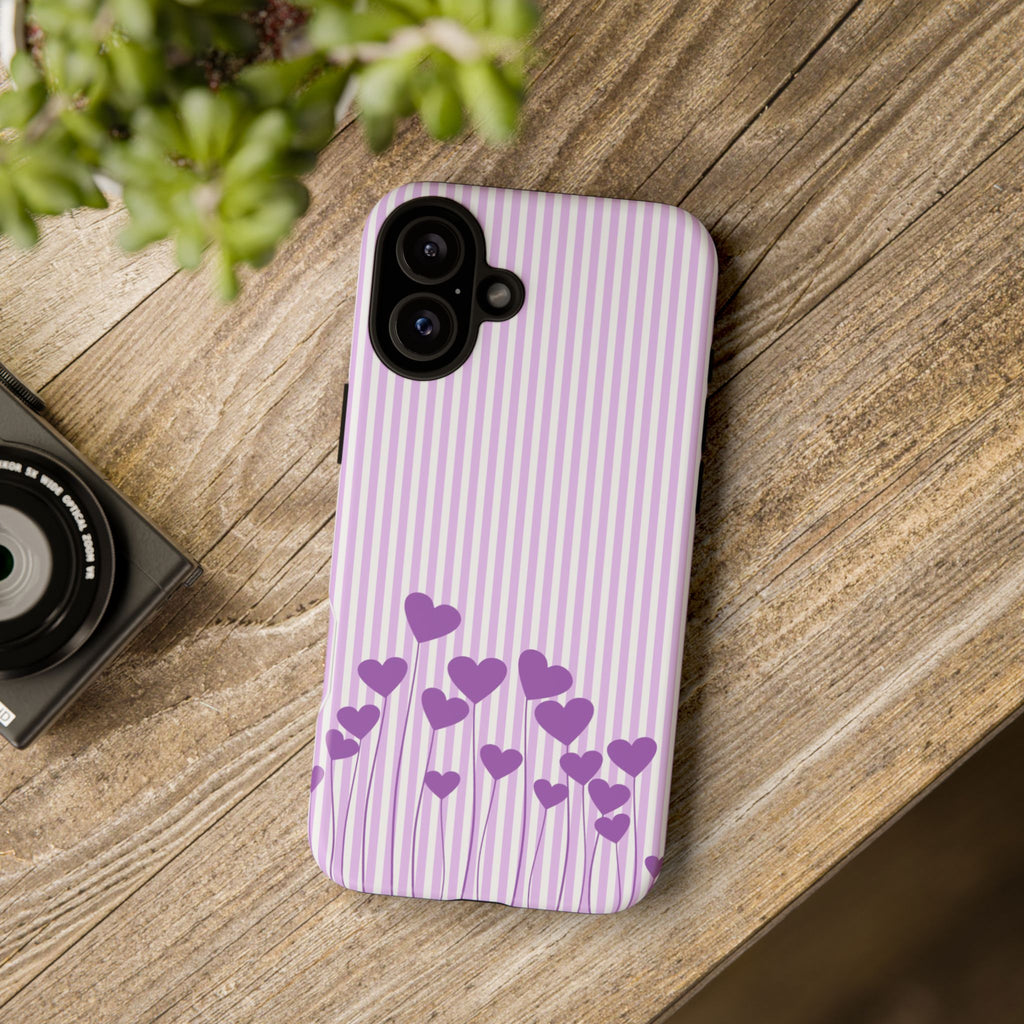 Galentines Day Striped hearts phone case, Purple Heart Floral Stripe Iphone case | Tough Cases - Iphone, Samsung and Pixel Mobile cases