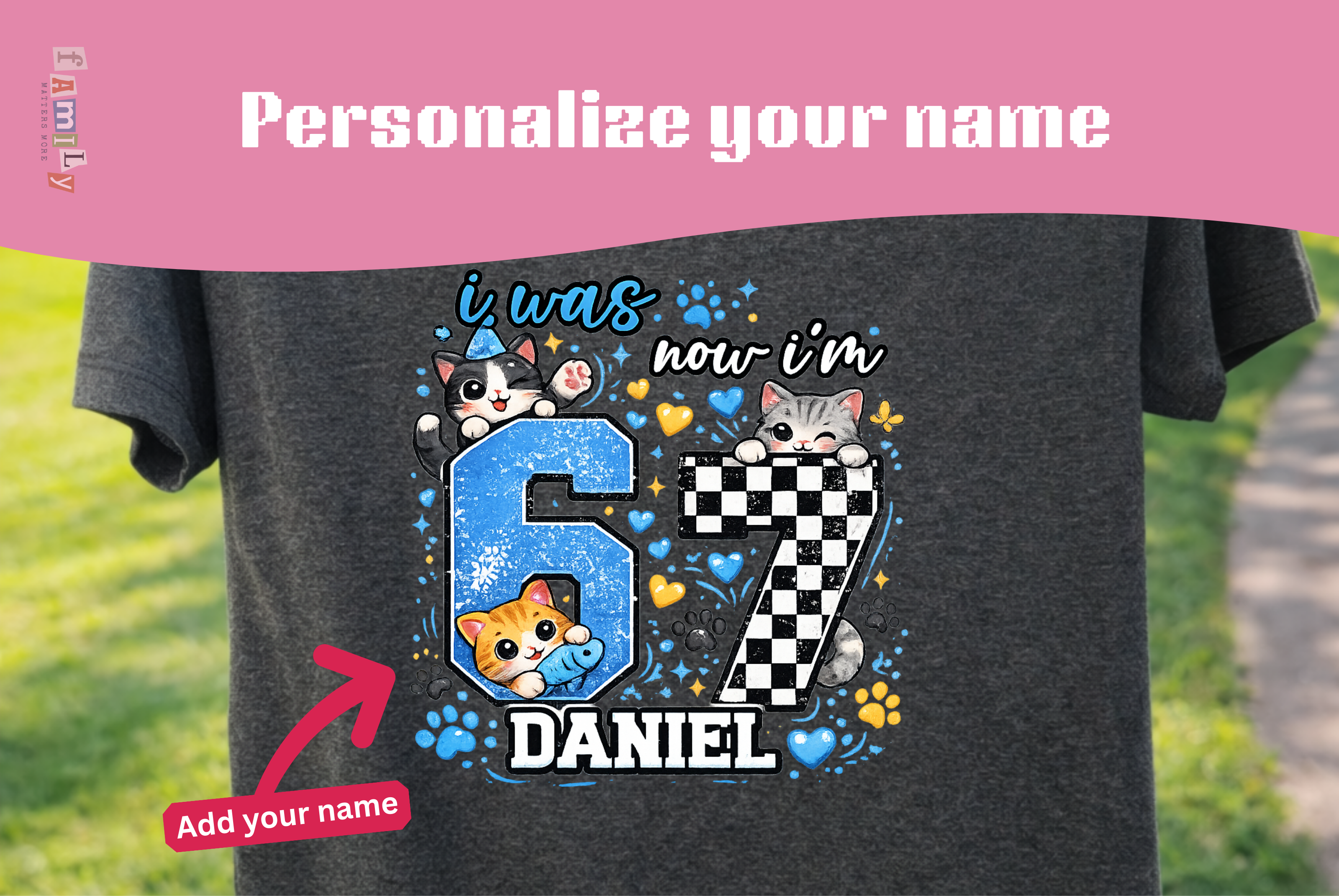 Personalized Funny 7th Birthday Kid Name Shirt, I Was 6 Now I’m 7 Kids Tee, 67 Shirt, 6 7 Birthday Boy, Gift For Cat Lovers, Six Seven Tee