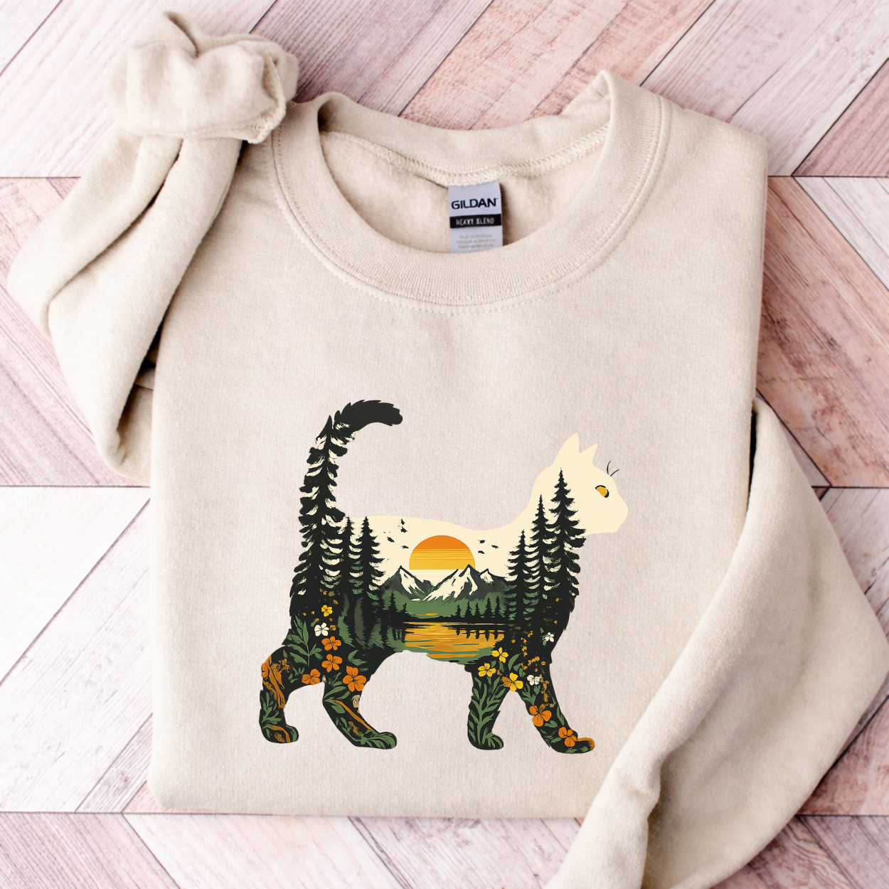 Boho Cat Nature Shirt, Forest Cat Landscape T-Shirt, Comfort Colors Unisex Tee, Vintage Sunset Mountain Cat Shirt, Cottagecore Cat Lover Gift, Botanical Outdoor Graphic Tee, Cute Minimal Cat Tee