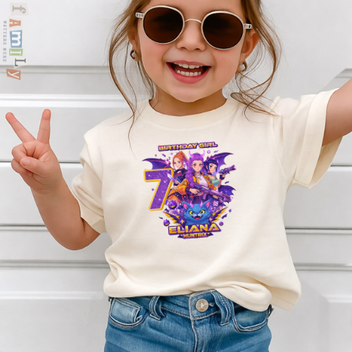 Custom Huntrix Birthday Girl Shirt, Personalized 7th Birthday Tee, Kpop Party T-Shirt for Girls, Custom Name Youth Shirt, Unisex Kids Graphic Tee, Birthday Outfit