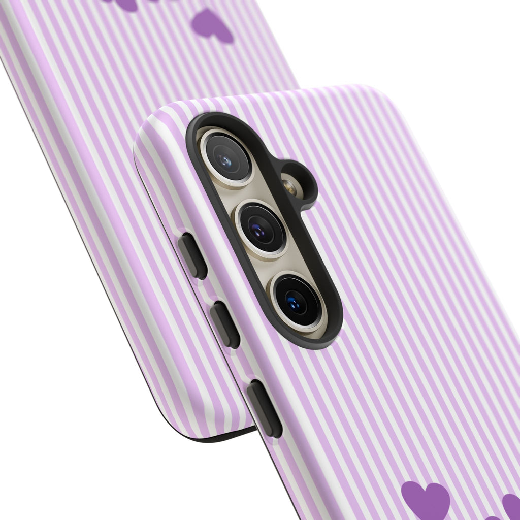 Galentines Day Striped hearts phone case, Purple Heart Floral Stripe Iphone case | Tough Cases - Iphone, Samsung and Pixel Mobile cases