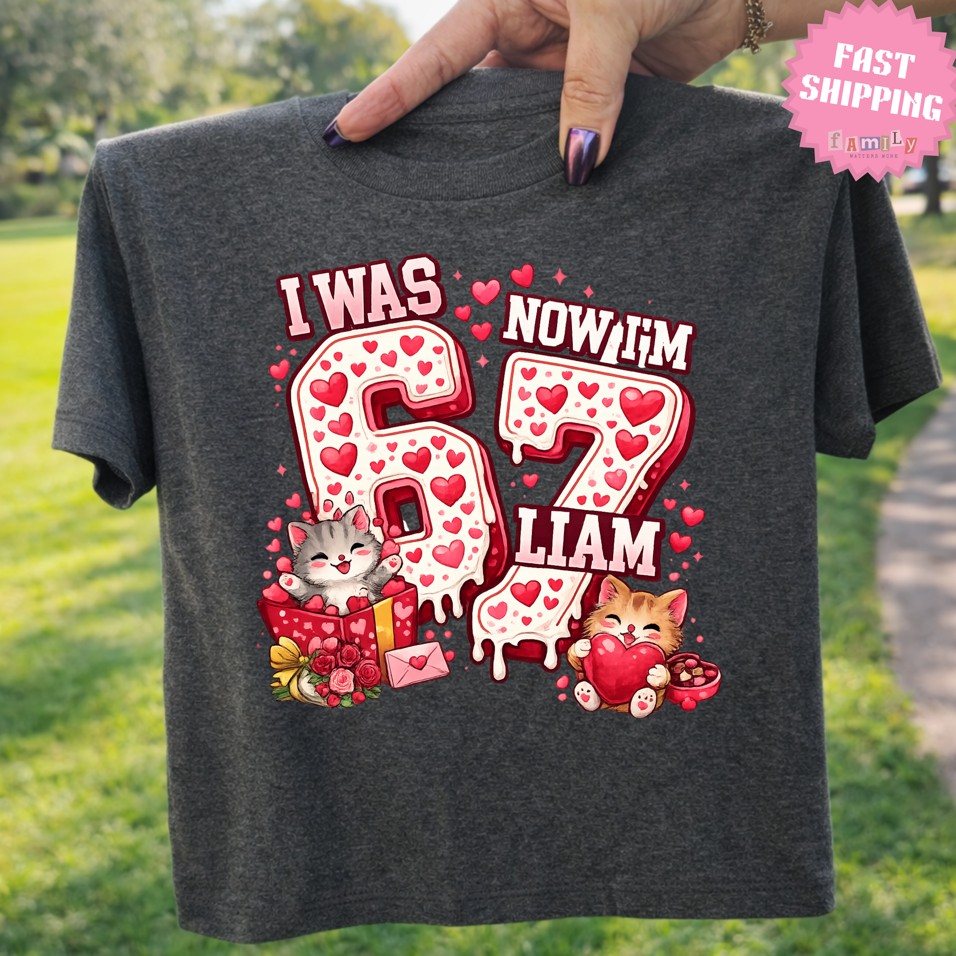 I Was 6 Now I’m 7 Valentines Birthday Shirt, Personalized Name 7th Birthday Valentines Day Tee, Matching Kids Tee, Galentines day gift