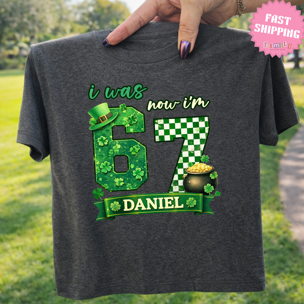 I Was 6 Now I’m 7 St. Patrick's Day Shirt, Personalized Name 7th Birthday Boy Tee, Youth Kids Sports Party Gift, Custom Age