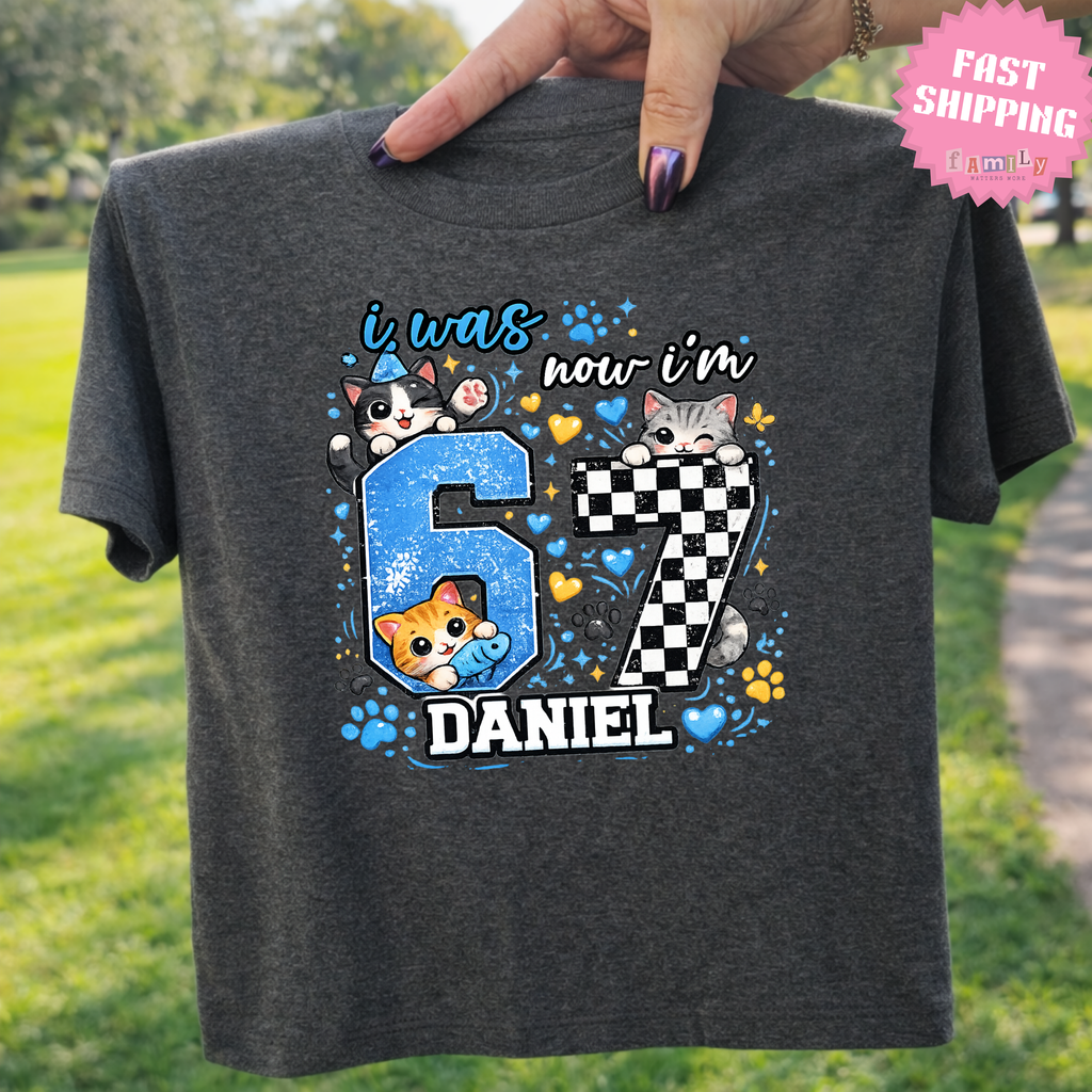 Personalized Funny 7th Birthday Kid Name Shirt, I Was 6 Now I’m 7 Kids Tee, 67 Shirt, 6 7 Birthday Boy, Gift For Cat Lovers, Six Seven Tee
