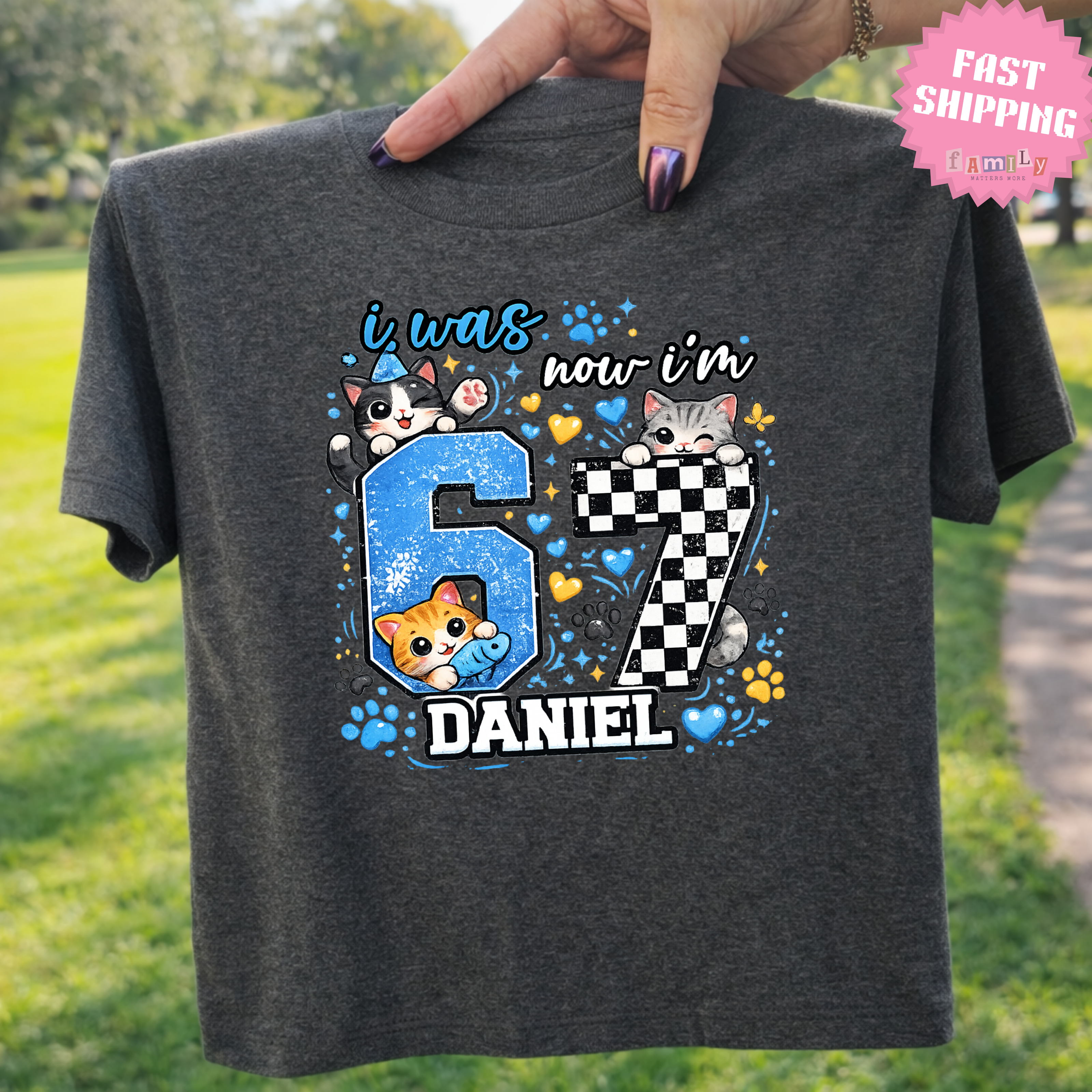 Personalized Funny 7th Birthday Kid Name Shirt, I Was 6 Now I’m 7 Kids Tee, 67 Shirt, 6 7 Birthday Boy, Gift For Cat Lovers, Six Seven Tee