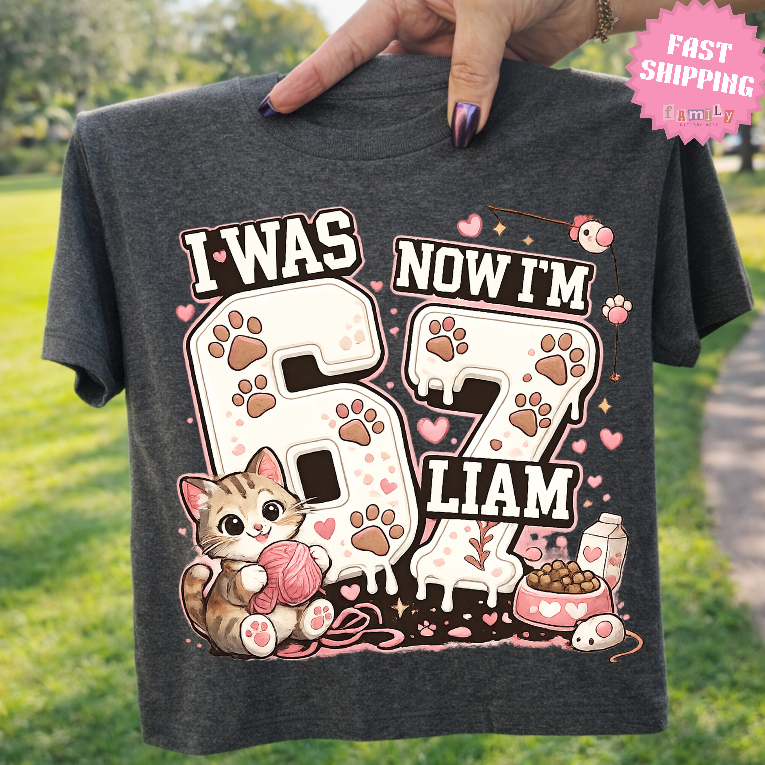 I Was 6 Now I’m 7 Cat lover Birthday Shirt, Personalized Name 7th Birthday Valentines Day Tee, Youth Kids Pet Party Gift, Custom Age