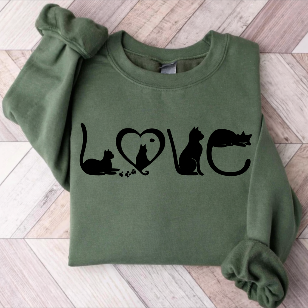 Cat Love Sweatshirt Hoodie, Black Cat Silhouette LOVE Crewneck, Cat Mom Gift, Cat Lover Sweater, Cute Minimal Cat Shirt, Unisex Cozy Pullover, Valentine Cat Gift