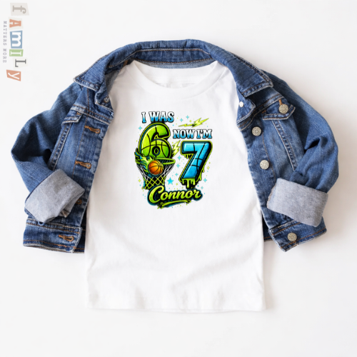 I Was 6 Now I’m 7 Basketball Birthday Shirt, Personalized Name 7th Birthday Boy Tee, Youth Kids Sports Party Gift, Custom Age