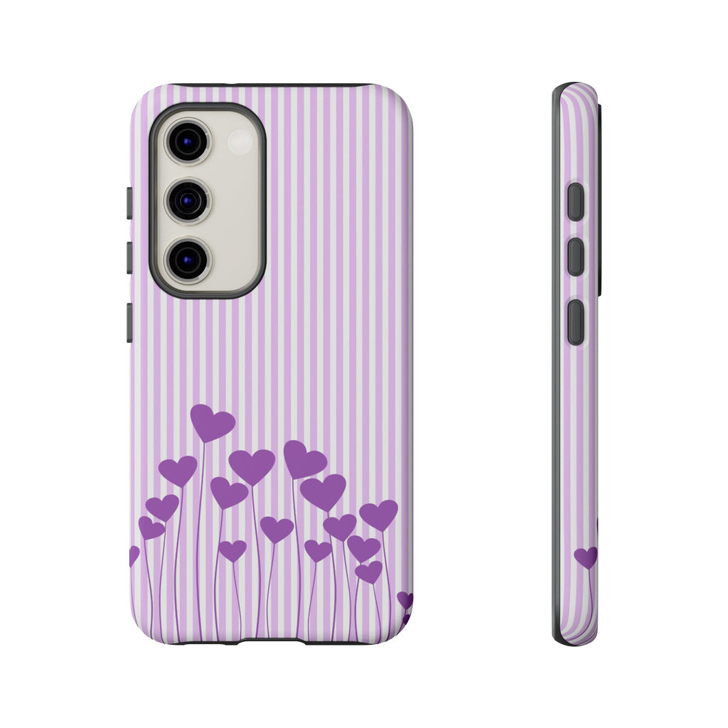Galentines Day Striped hearts phone case, Purple Heart Floral Stripe Iphone case | Tough Cases - Iphone, Samsung and Pixel Mobile cases