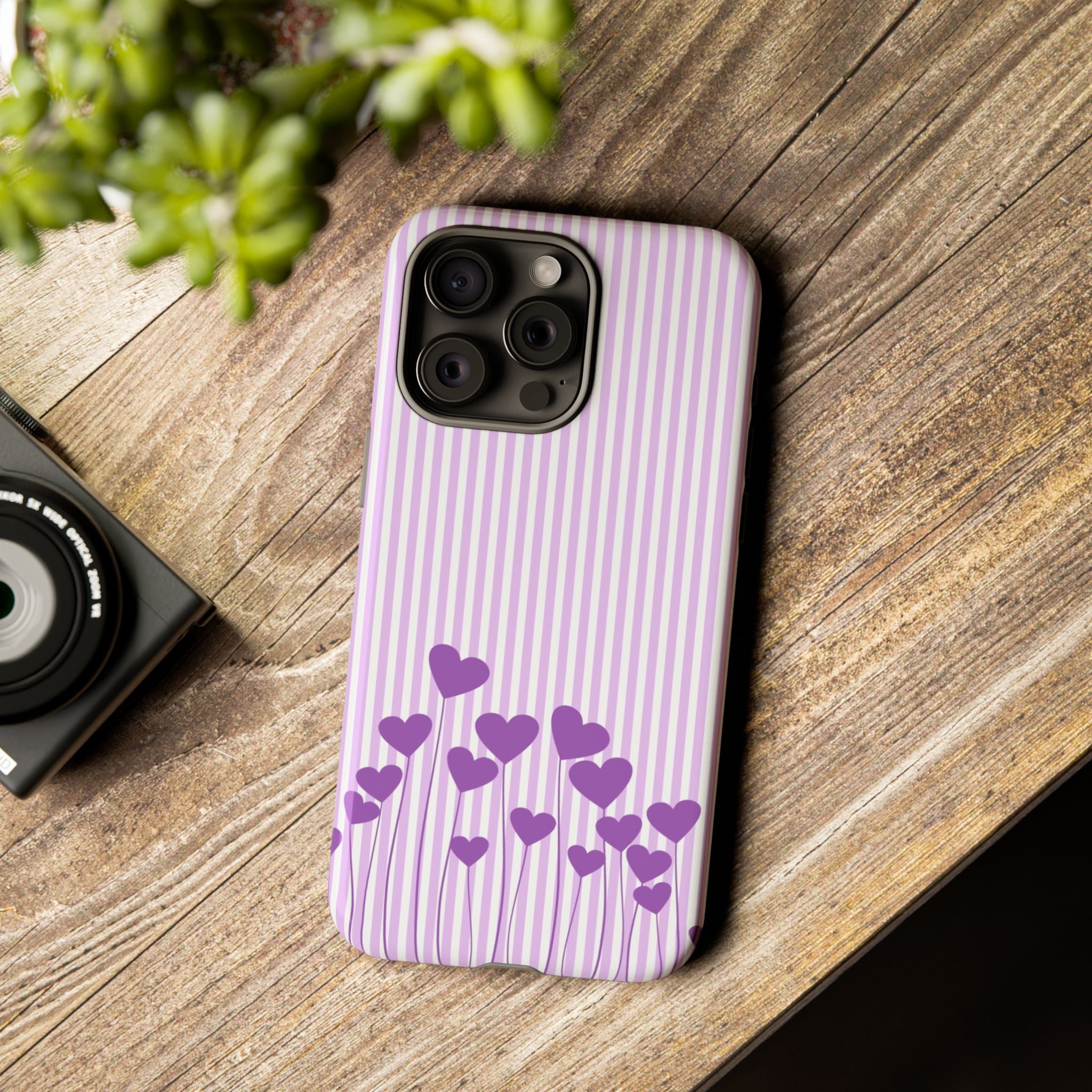 Galentines Day Striped hearts phone case, Purple Heart Floral Stripe Iphone case | Tough Cases - Iphone, Samsung and Pixel Mobile cases