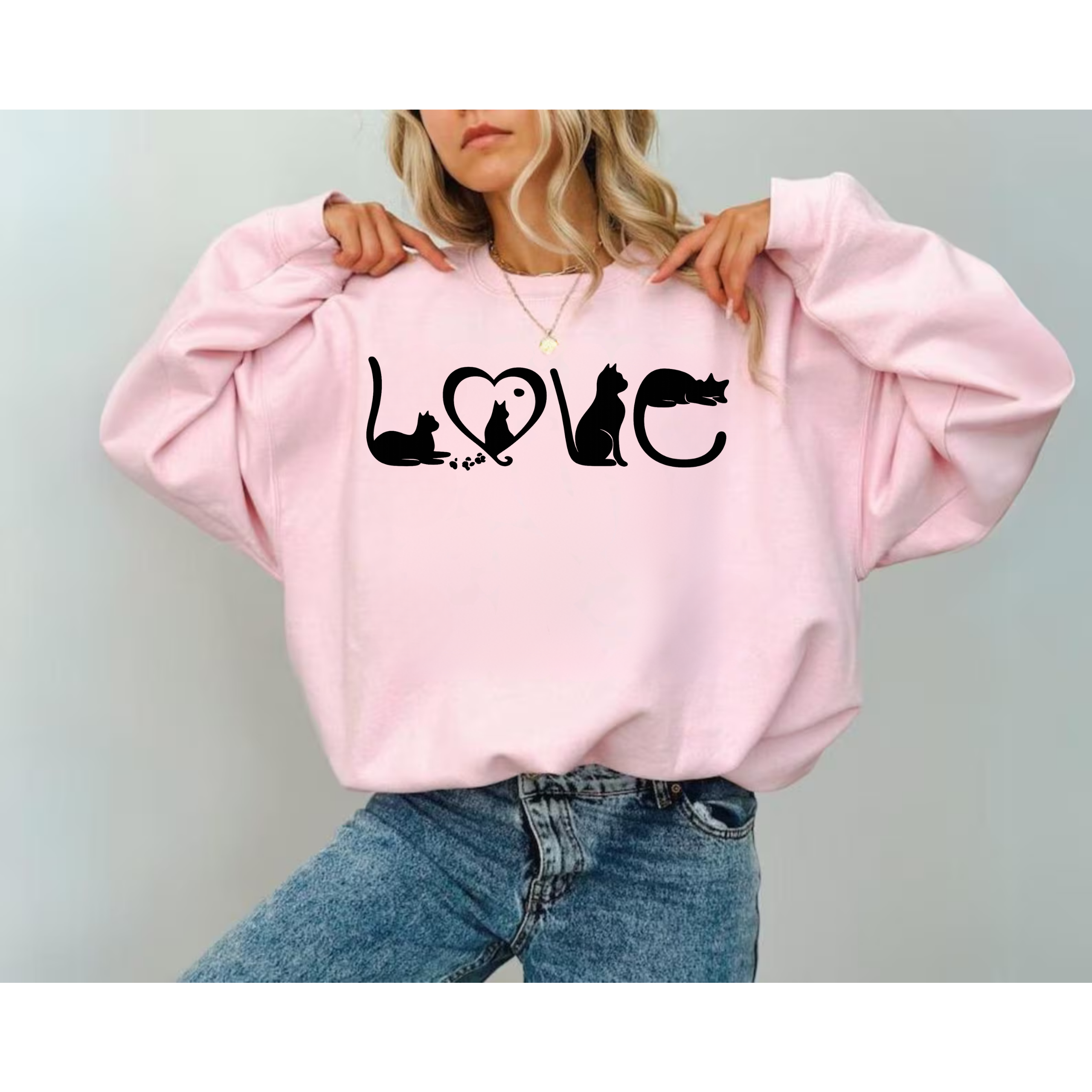 Cat Love Sweatshirt Hoodie, Black Cat Silhouette LOVE Crewneck, Cat Mom Gift, Cat Lover Sweater, Cute Minimal Cat Shirt, Unisex Cozy Pullover, Valentine Cat Gift