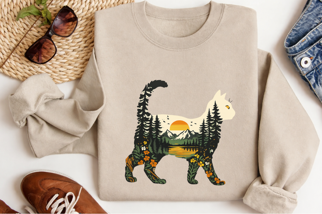 Boho Cat Nature Shirt, Forest Cat Landscape T-Shirt, Comfort Colors Unisex Tee, Vintage Sunset Mountain Cat Shirt, Cottagecore Cat Lover Gift, Botanical Outdoor Graphic Tee, Cute Minimal Cat Tee