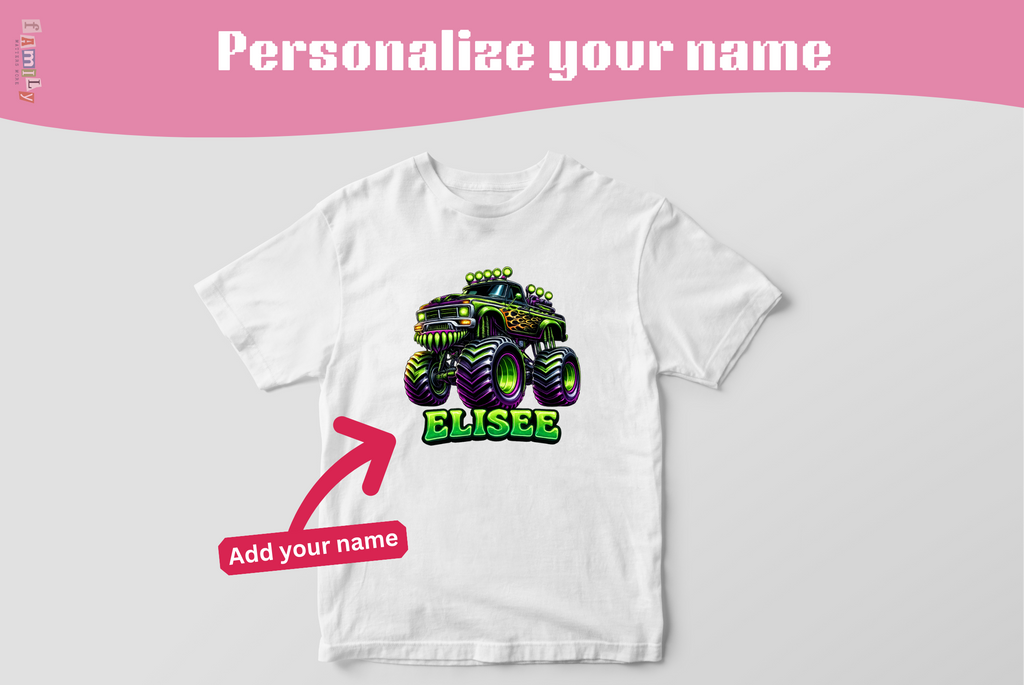Custom Name Monster Truck Toddler T-Shirt, Personalized Boys Monster Truck Tee, Green and Purple Truck Kids Shirt, Custom Birthday Gift