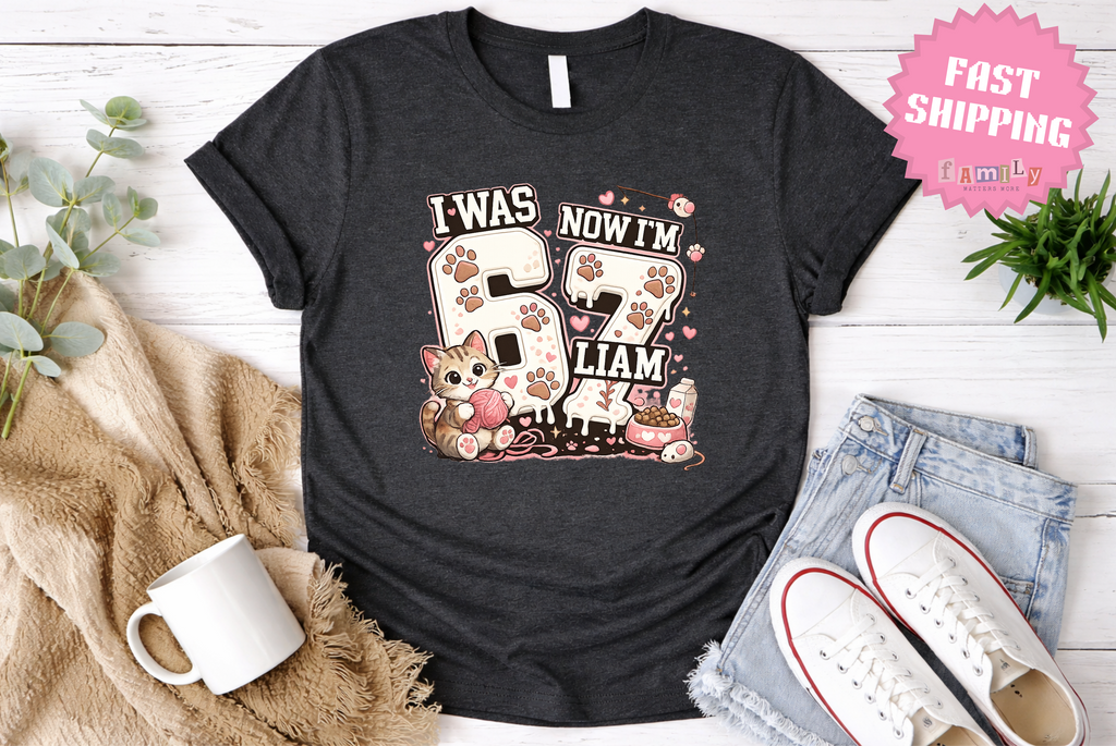 I Was 6 Now I’m 7 Cat lover Birthday Shirt, Personalized Name 7th Birthday Valentines Day Tee, Youth Kids Pet Party Gift, Custom Age