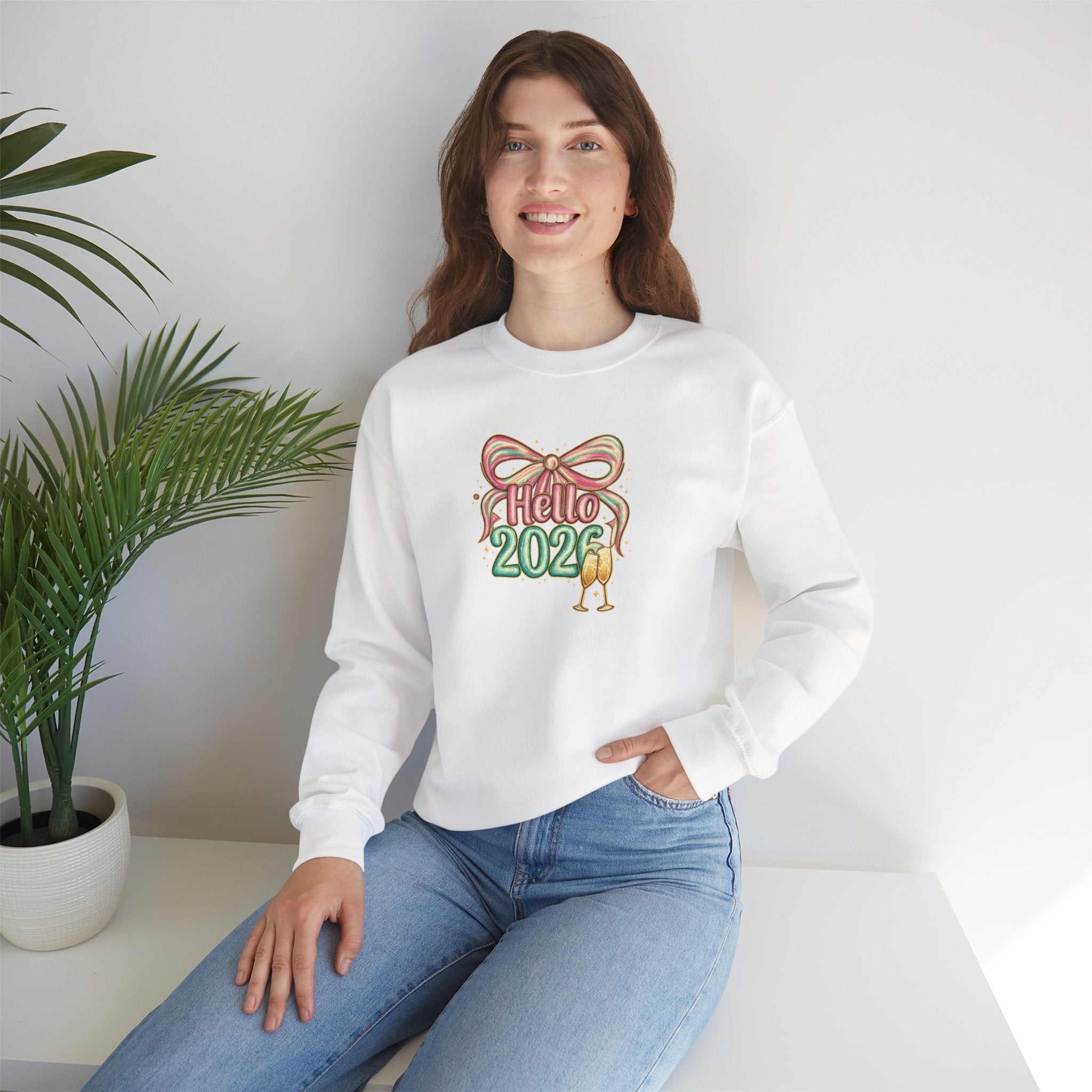 Hello 2026 Coquette Bow Sweatshirt Hoodie, Champagne Toast New Year Gift, Unisex Adult & Youth Crewneck, NYE Party Outfit