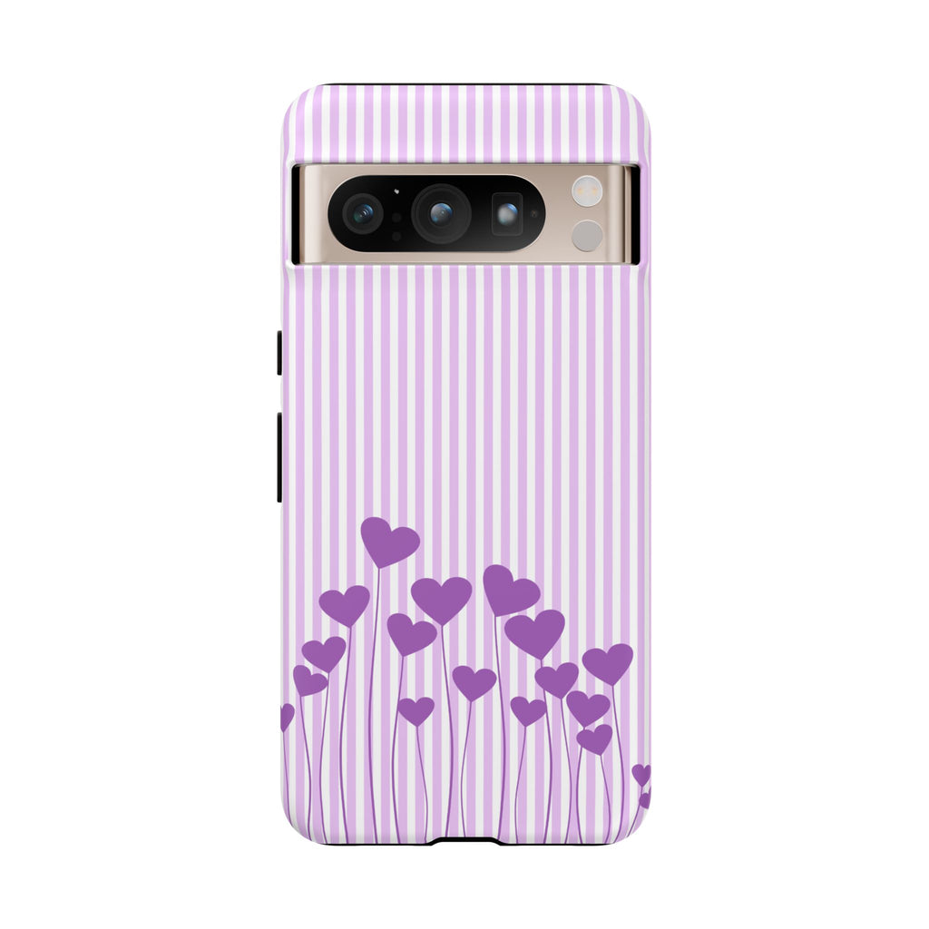 Galentines Day Striped hearts phone case, Purple Heart Floral Stripe Iphone case | Tough Cases - Iphone, Samsung and Pixel Mobile cases
