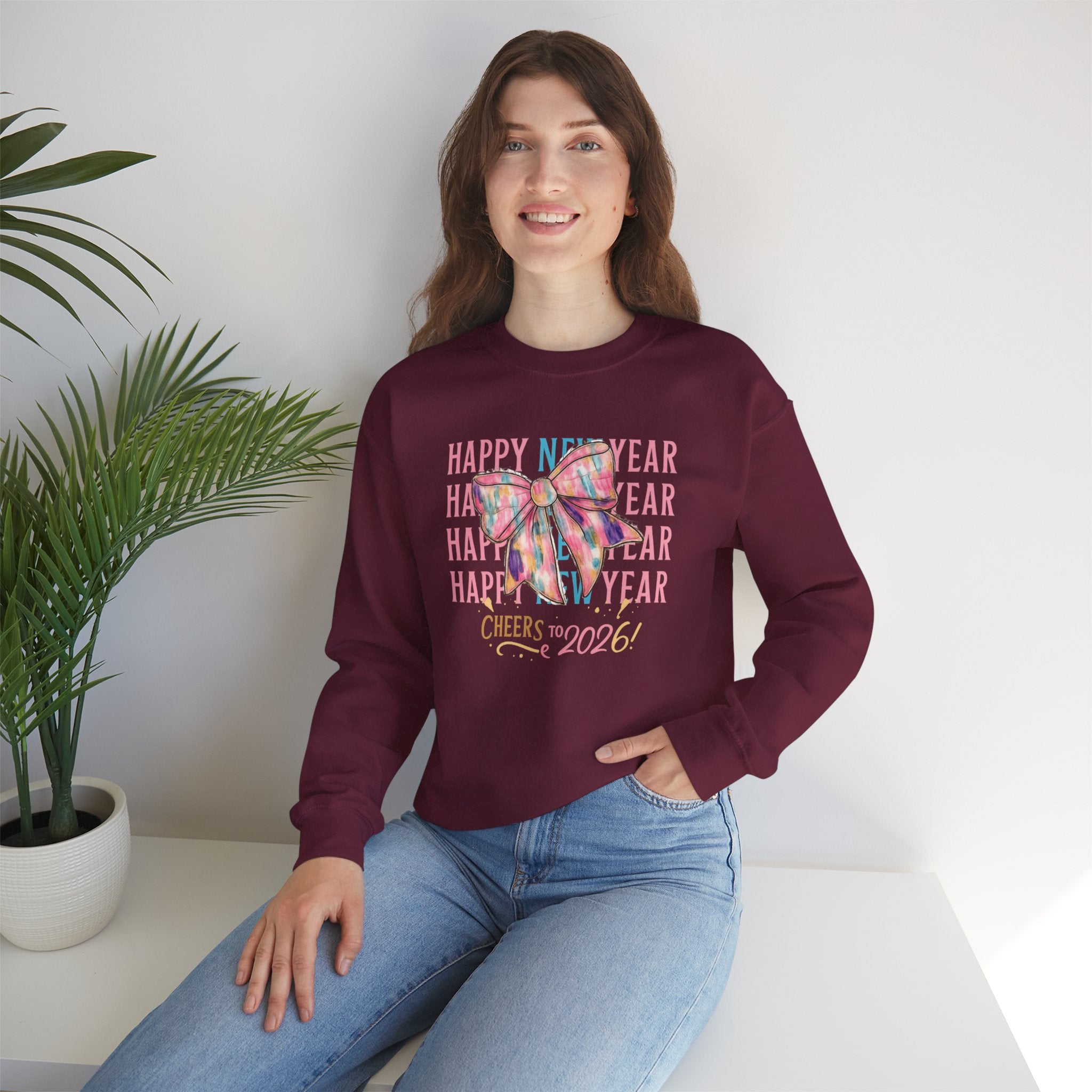 Happy New Year 2026 Sweatshirt Hoodie, Pink Coquette Bow Crewneck, Cheers to 2026, Unisex Adult & Youth, New Years Eve NYE Party Outfit