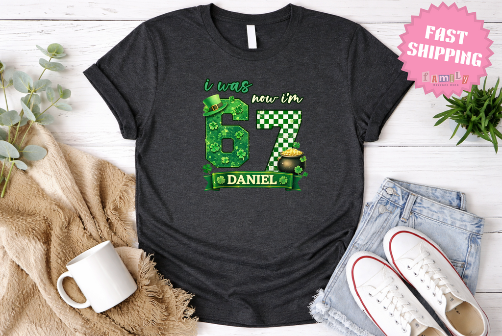 I Was 6 Now I’m 7 St. Patrick's Day Shirt, Personalized Name 7th Birthday Boy Tee, Youth Kids Sports Party Gift, Custom Age