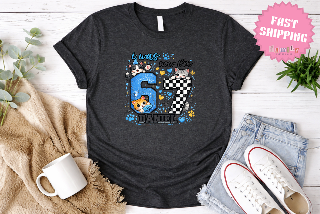 Personalized Funny 7th Birthday Kid Name Shirt, I Was 6 Now I’m 7 Kids Tee, 67 Shirt, 6 7 Birthday Boy, Gift For Cat Lovers, Six Seven Tee