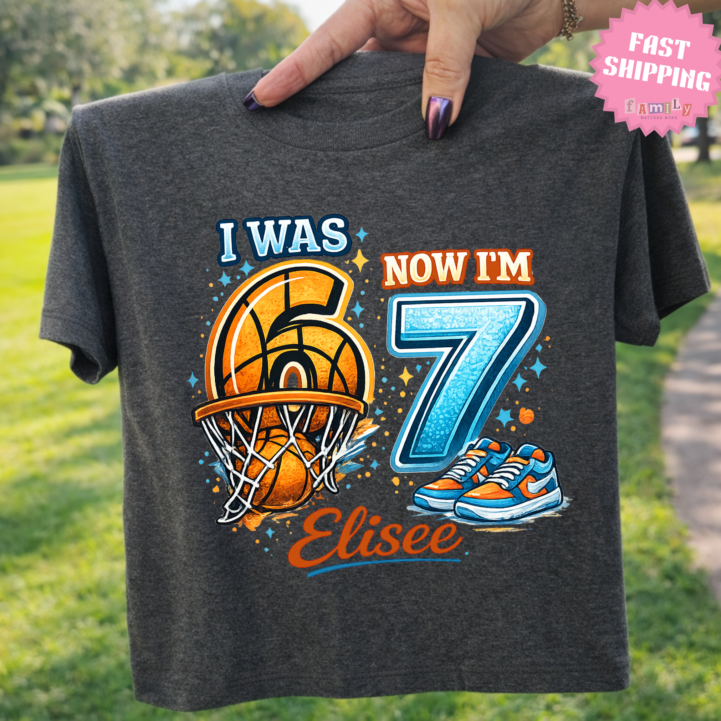 I Was 6 Now I’m 7 Basketball Birthday Shirt, Personalized Name 7th Birthday Boy Tee, Youth Kids Sports Party Gift, Custom Age, 6 7 Tshirt