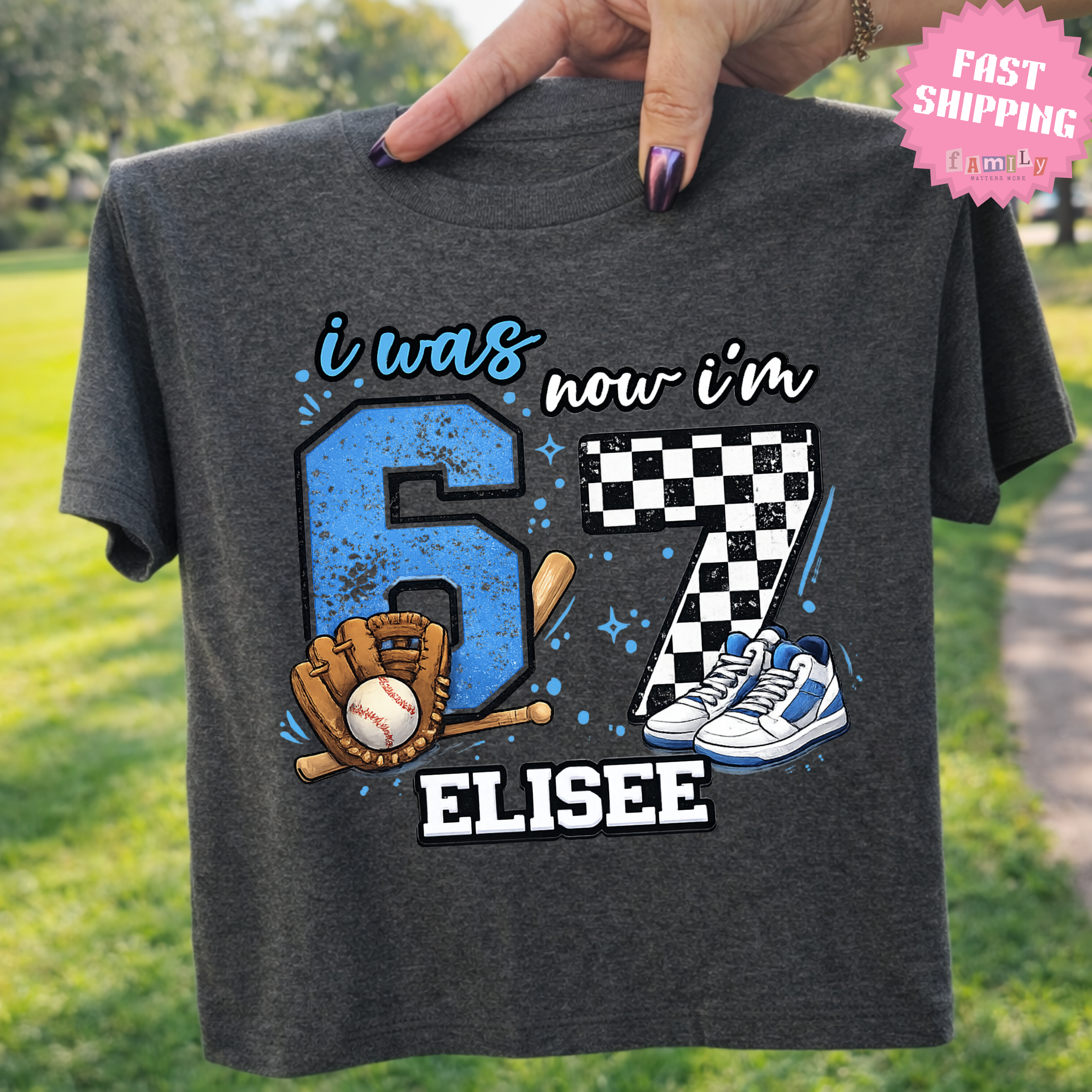 I Was 6 Now I’m 7 Baseball Birthday Shirt, Personalized Name 7th Birthday Boy Tee, Youth Sports custom name shirt, Custom Age