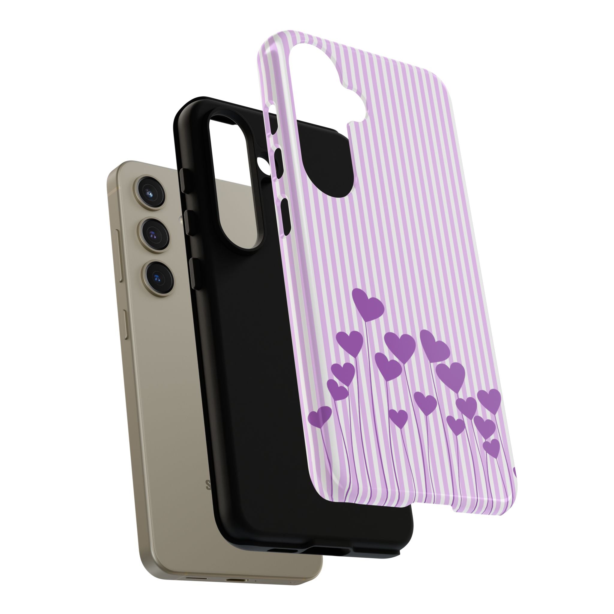 Galentines Day Striped hearts phone case, Purple Heart Floral Stripe Iphone case | Tough Cases - Iphone, Samsung and Pixel Mobile cases