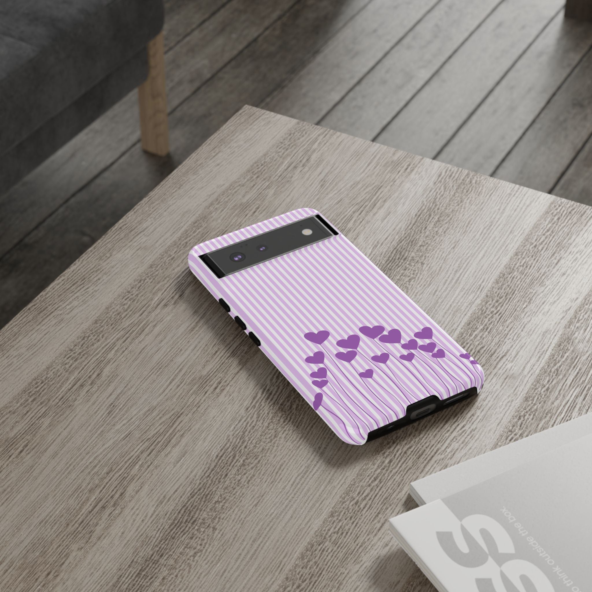 Galentines Day Striped hearts phone case, Purple Heart Floral Stripe Iphone case | Tough Cases - Iphone, Samsung and Pixel Mobile cases