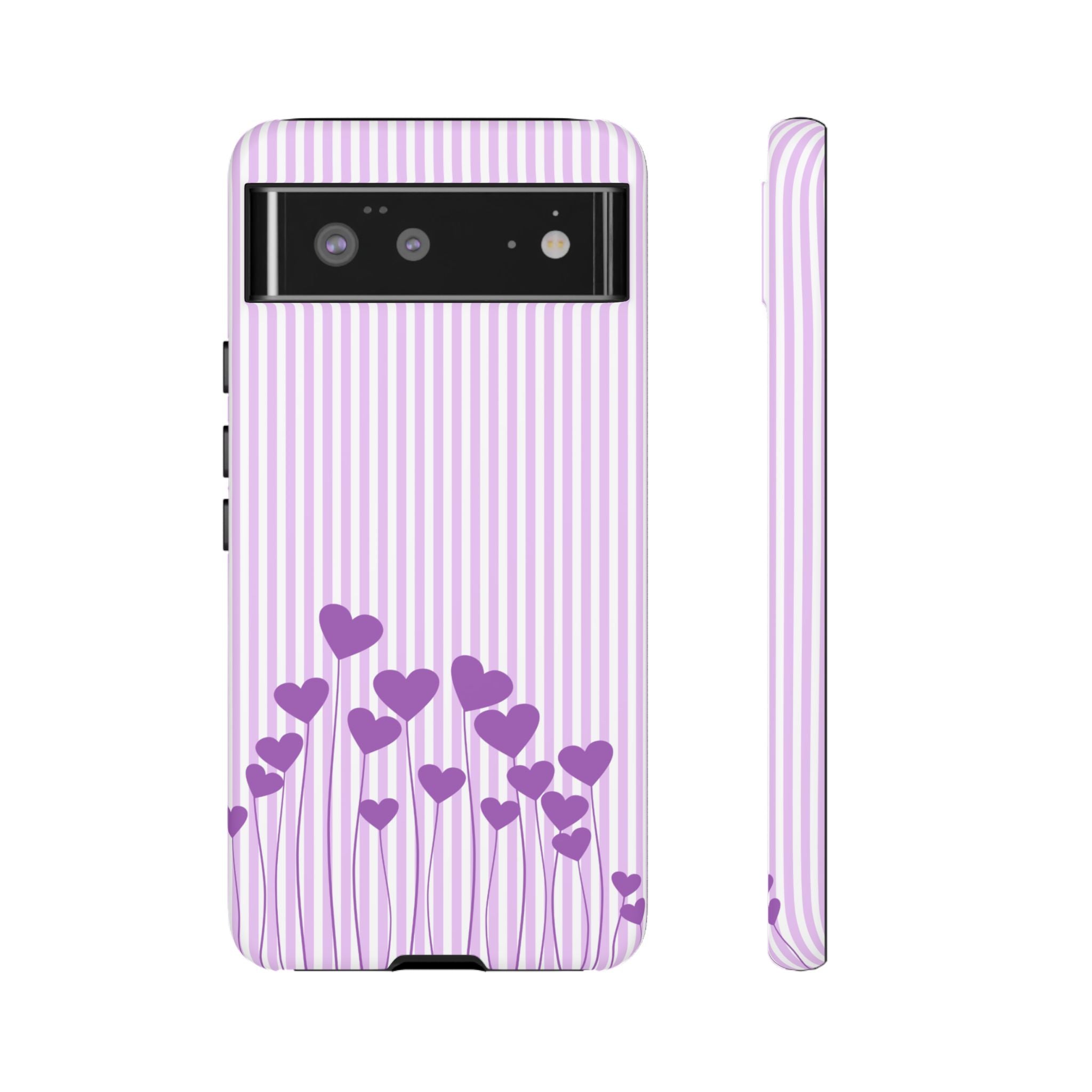 Galentines Day Striped hearts phone case, Purple Heart Floral Stripe Iphone case | Tough Cases - Iphone, Samsung and Pixel Mobile cases
