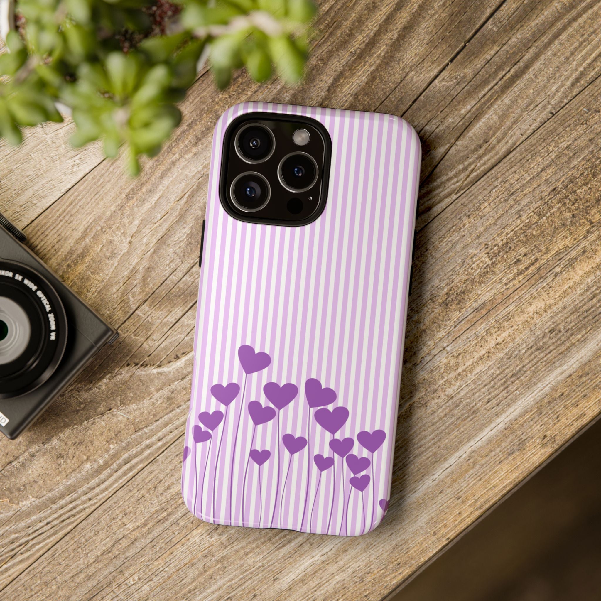 Galentines Day Striped hearts phone case, Purple Heart Floral Stripe Iphone case | Tough Cases - Iphone, Samsung and Pixel Mobile cases